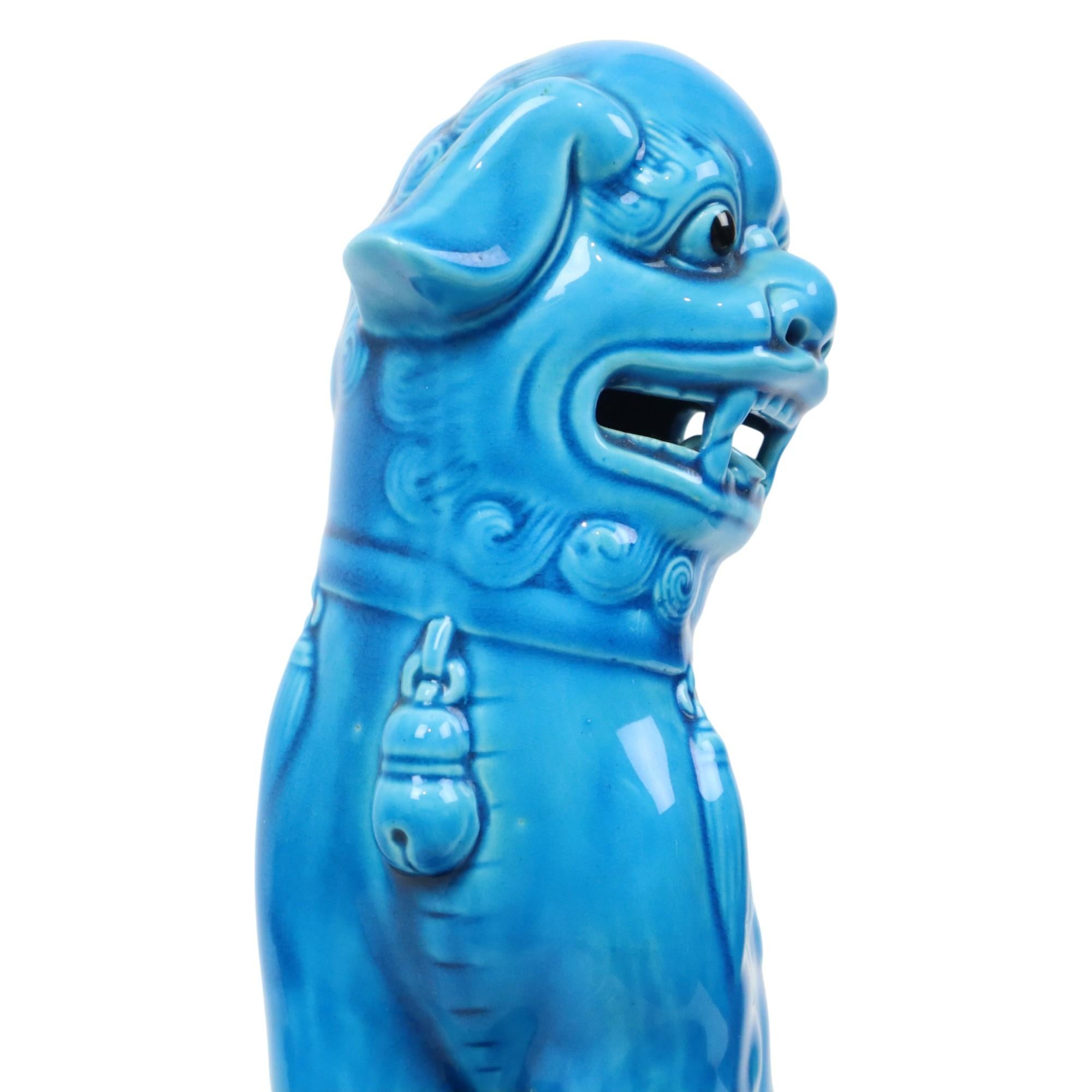 Grande Cane Foo Temple Lion in ceramica smaltata blu 32 cm in vendita 3