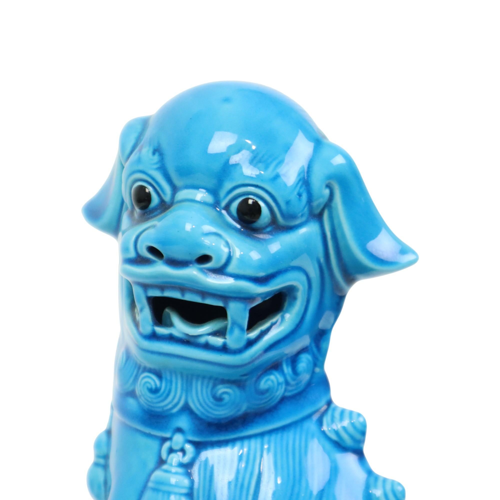Ceramica Grande Cane Foo Temple Lion in ceramica smaltata blu 32 cm in vendita