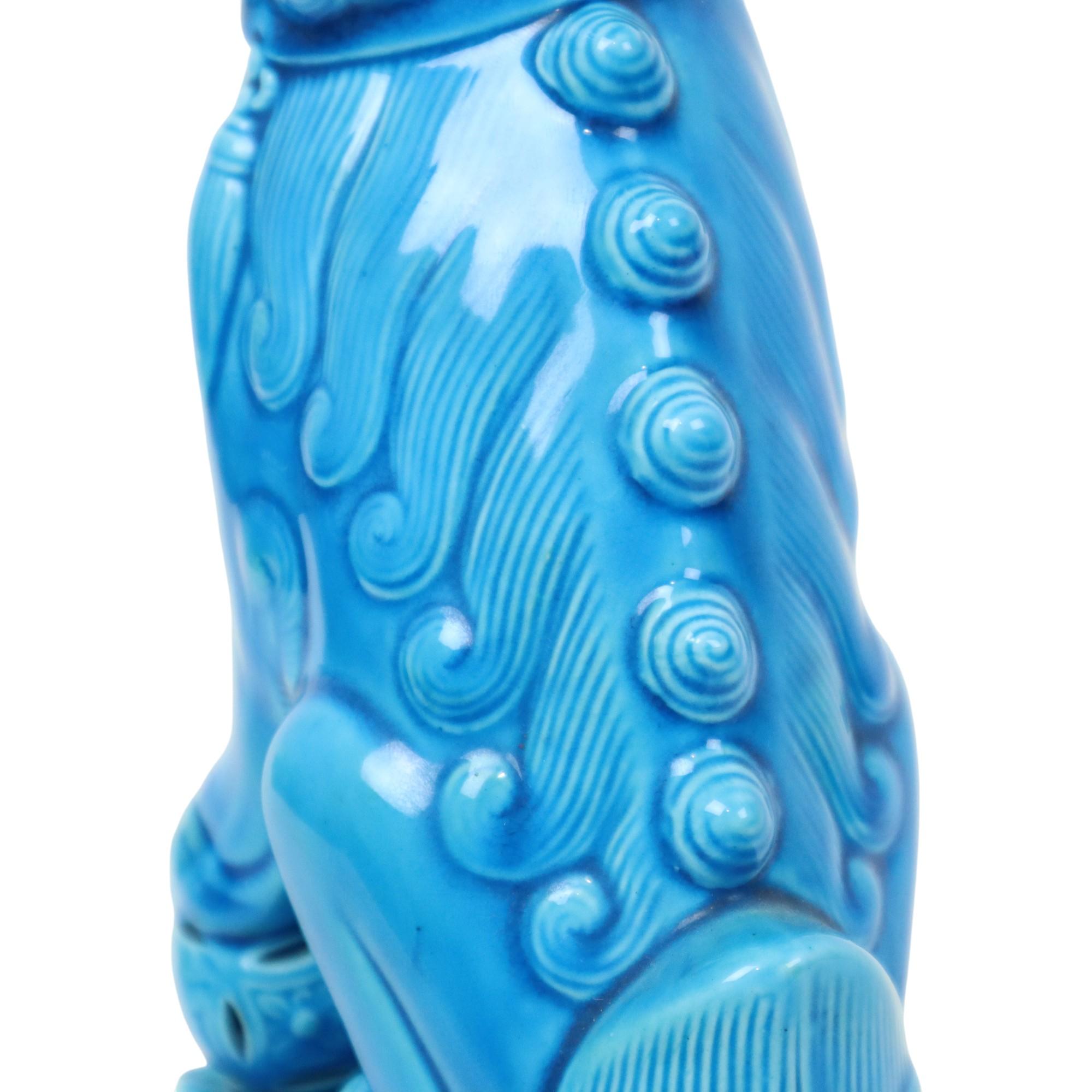Grande Cane Foo Temple Lion in ceramica smaltata blu 32 cm in vendita 1