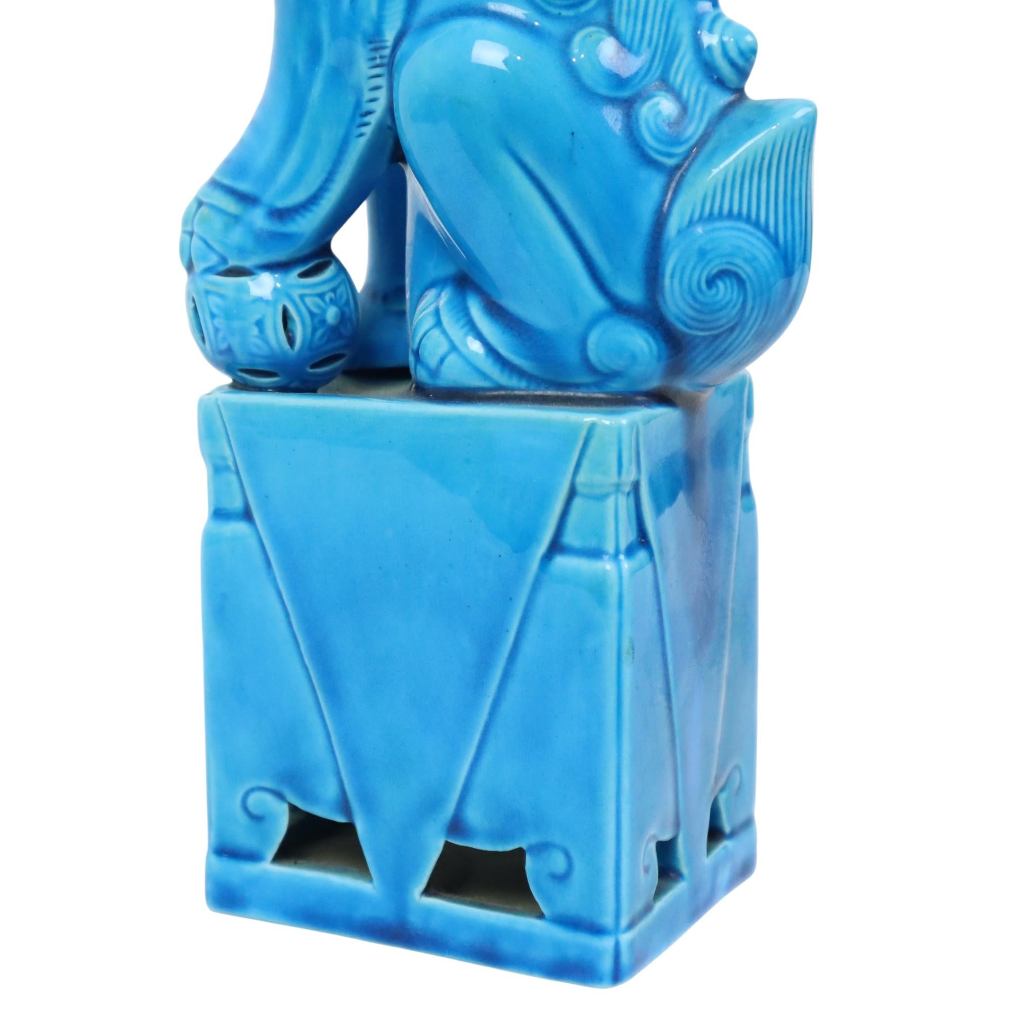 Grande Cane Foo Temple Lion in ceramica smaltata blu 32 cm in vendita 2