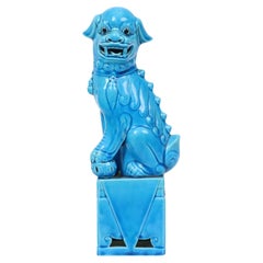 Vintage Large Foo Dog Temple Lion Blue Glazed Ceramic 32cm