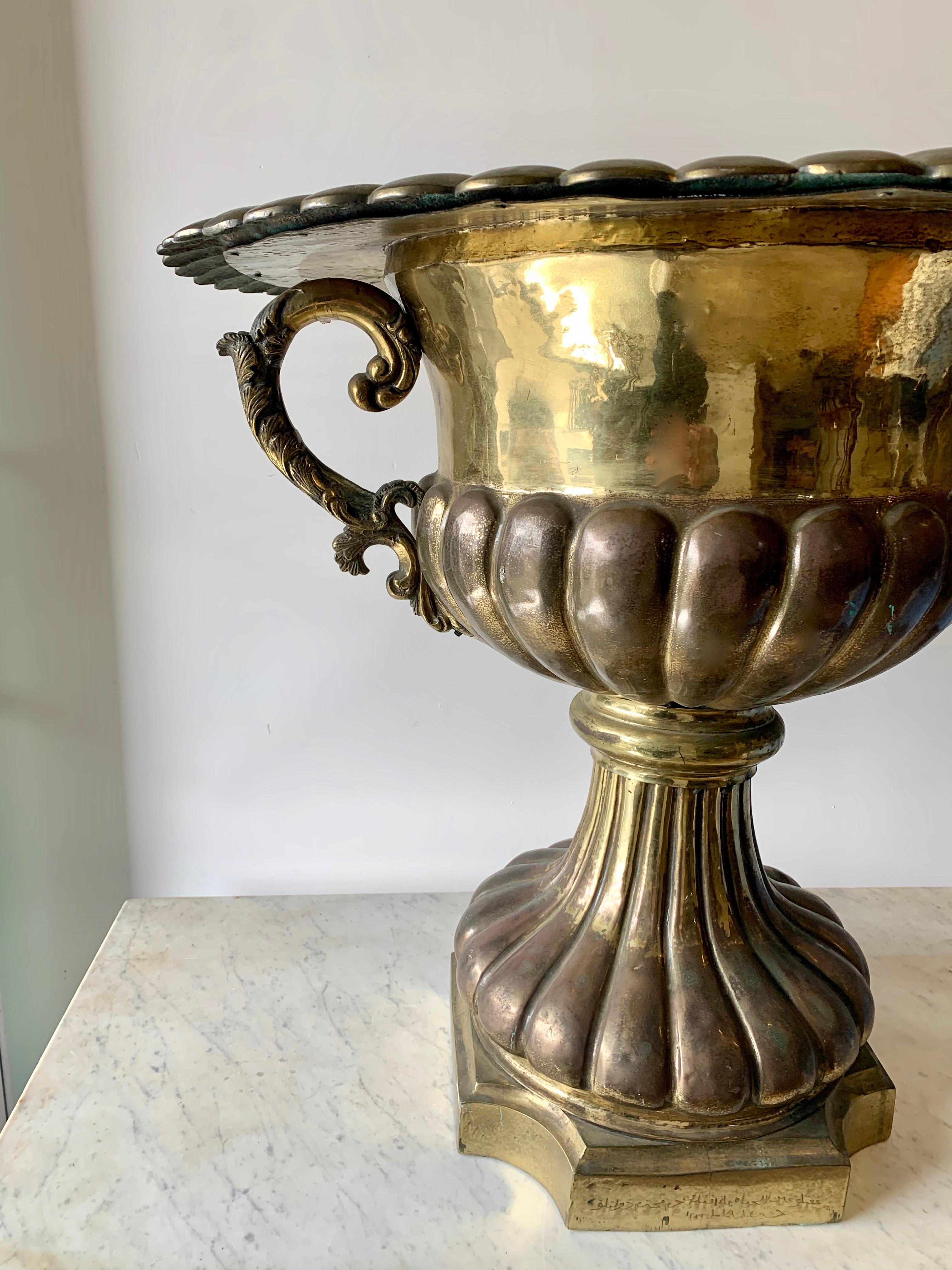 Polished Large Footed Brass and Metal Urn with Handles