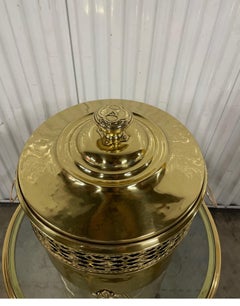 Large Footed Brass Container with Lion's Head Handles & Lid