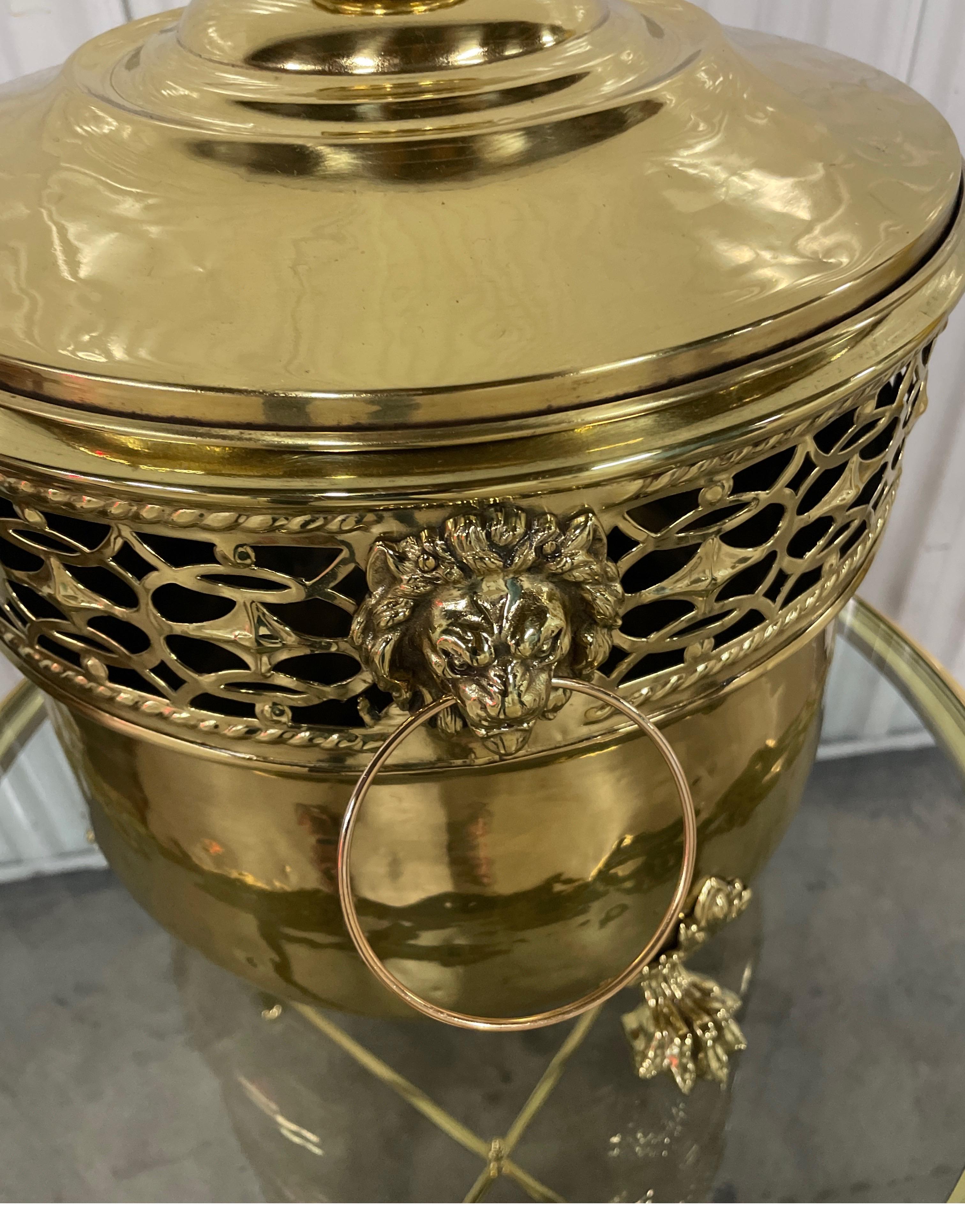 Large Footed Brass Container with Lion's Head Handles & Lid In Good Condition For Sale In West Palm Beach, FL