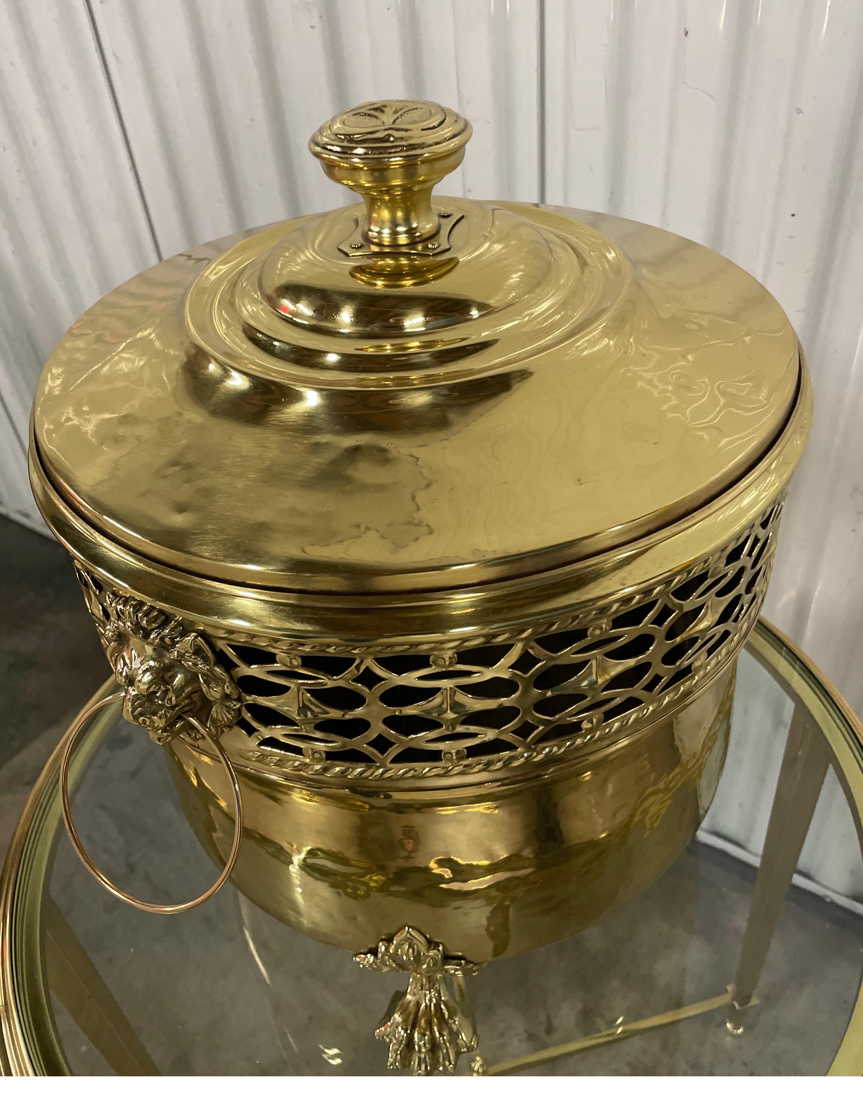 Large Footed Brass Container with Lion's Head Handles & Lid For Sale 1