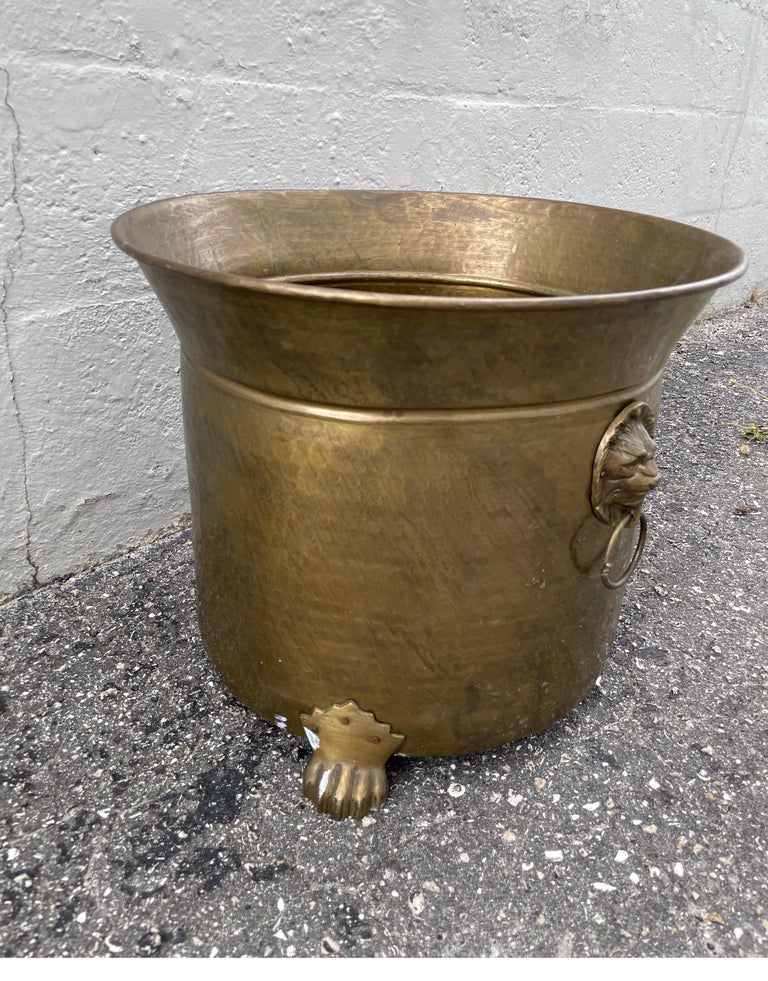Large Footed Brass Planter with Lion Head Handles at 1stDibs