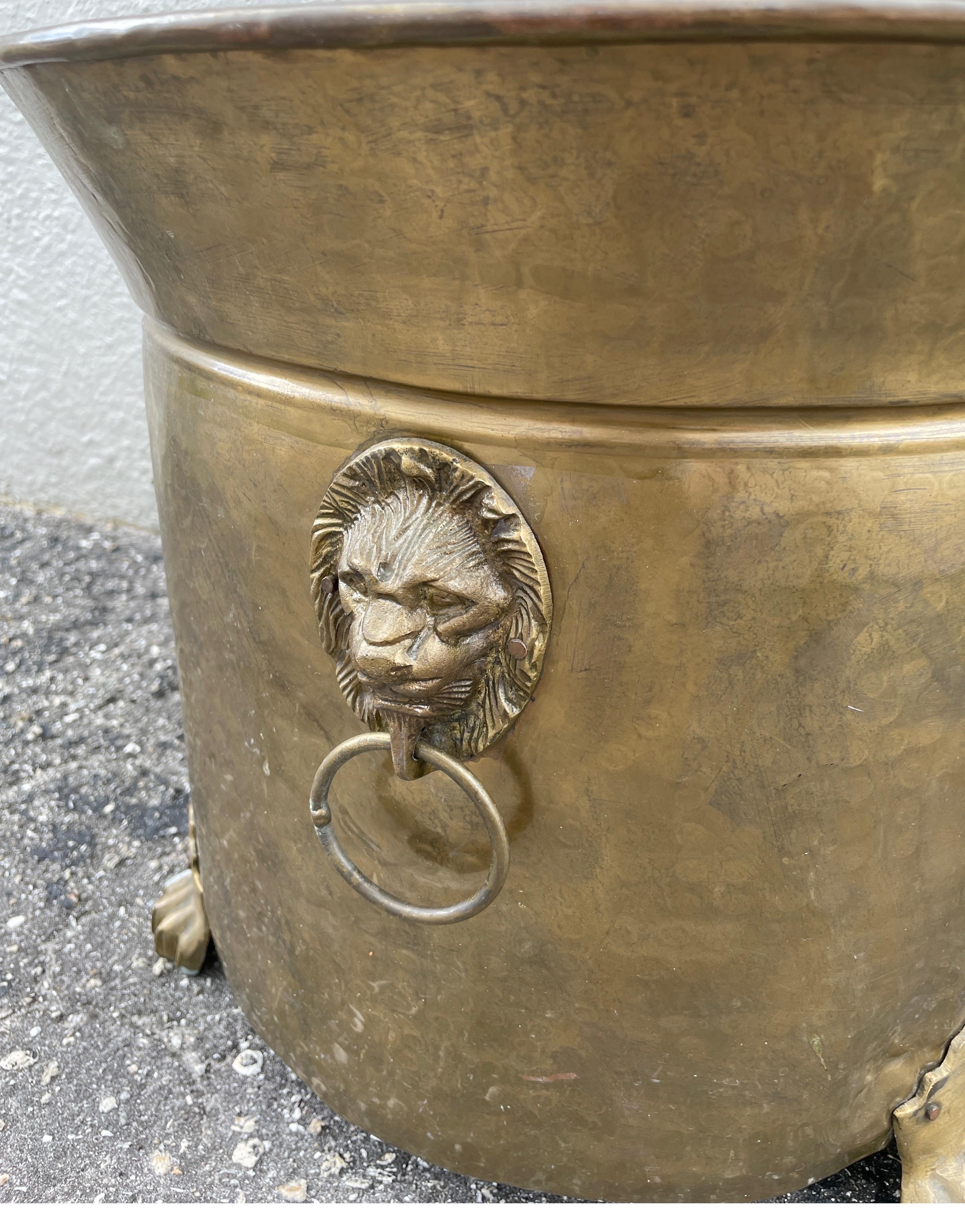 Large Footed Brass Planter with Lion Head Handles In Good Condition In West Palm Beach, FL