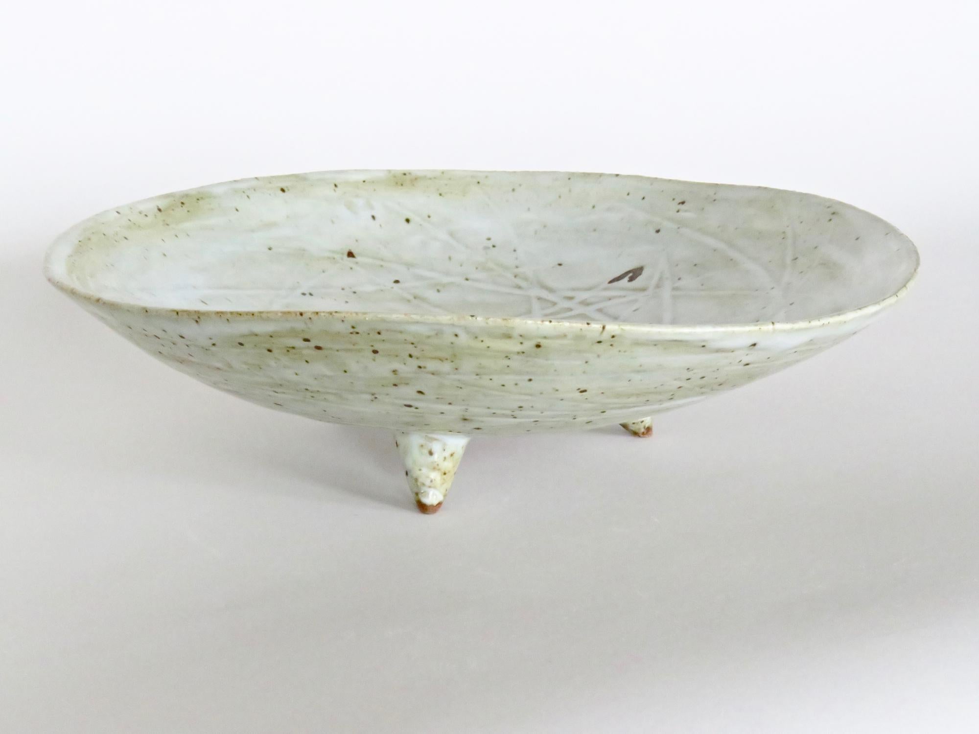 Large Footed Ceramic Serving Bowl, Off-White Speckled Glaze, Hand Built 2