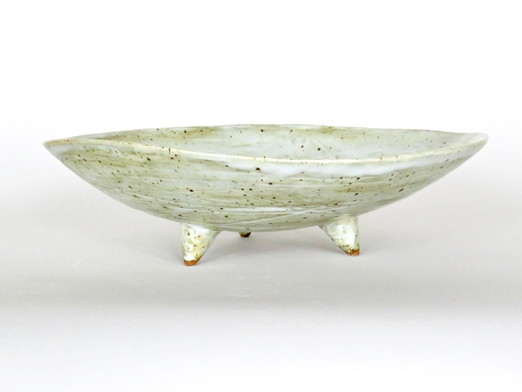 Large Footed Ceramic Serving Bowl, Off-White Speckled Glaze, Hand Built 3