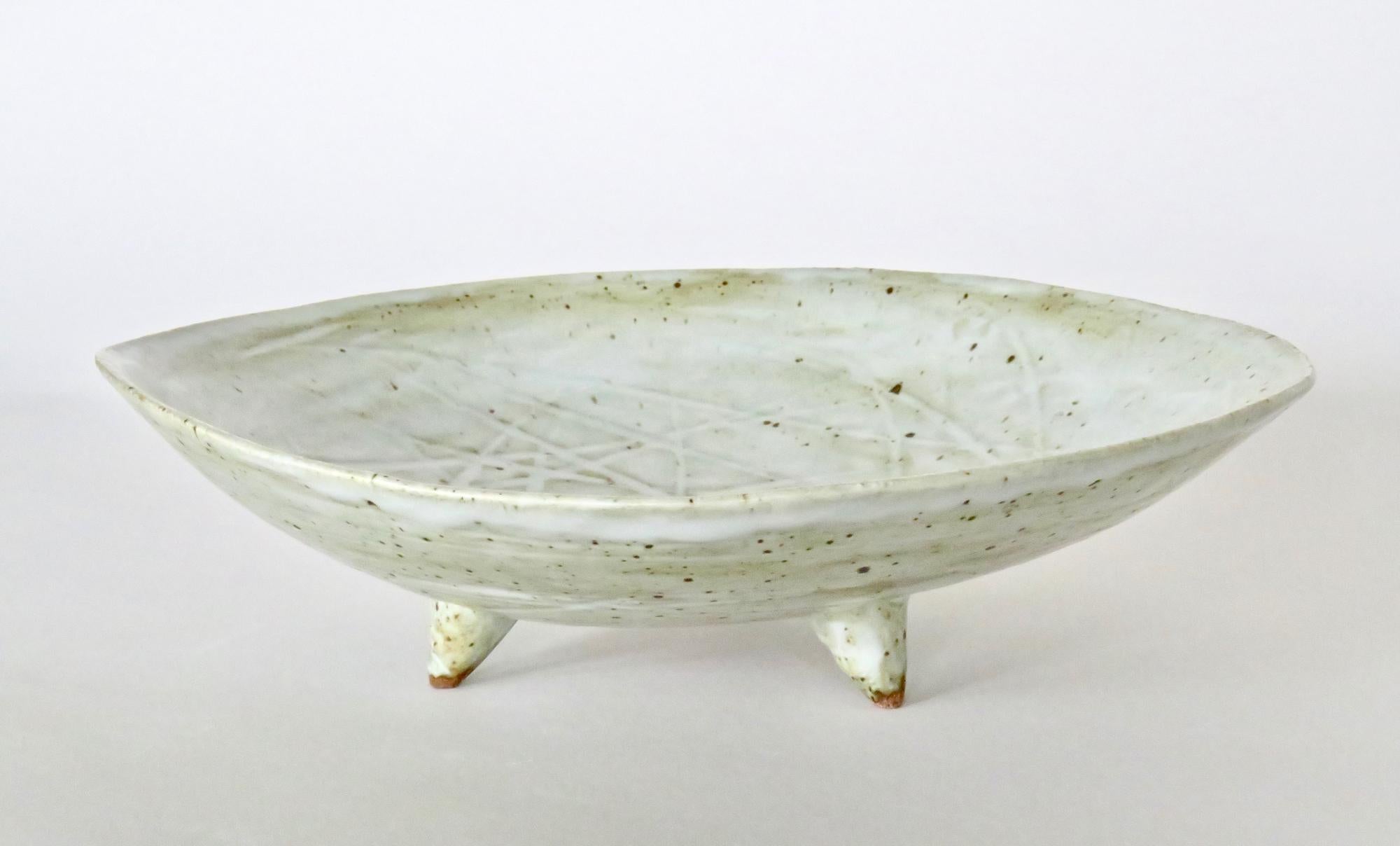 Large Footed Ceramic Serving Bowl, Off-White Speckled Glaze, Hand Built 1