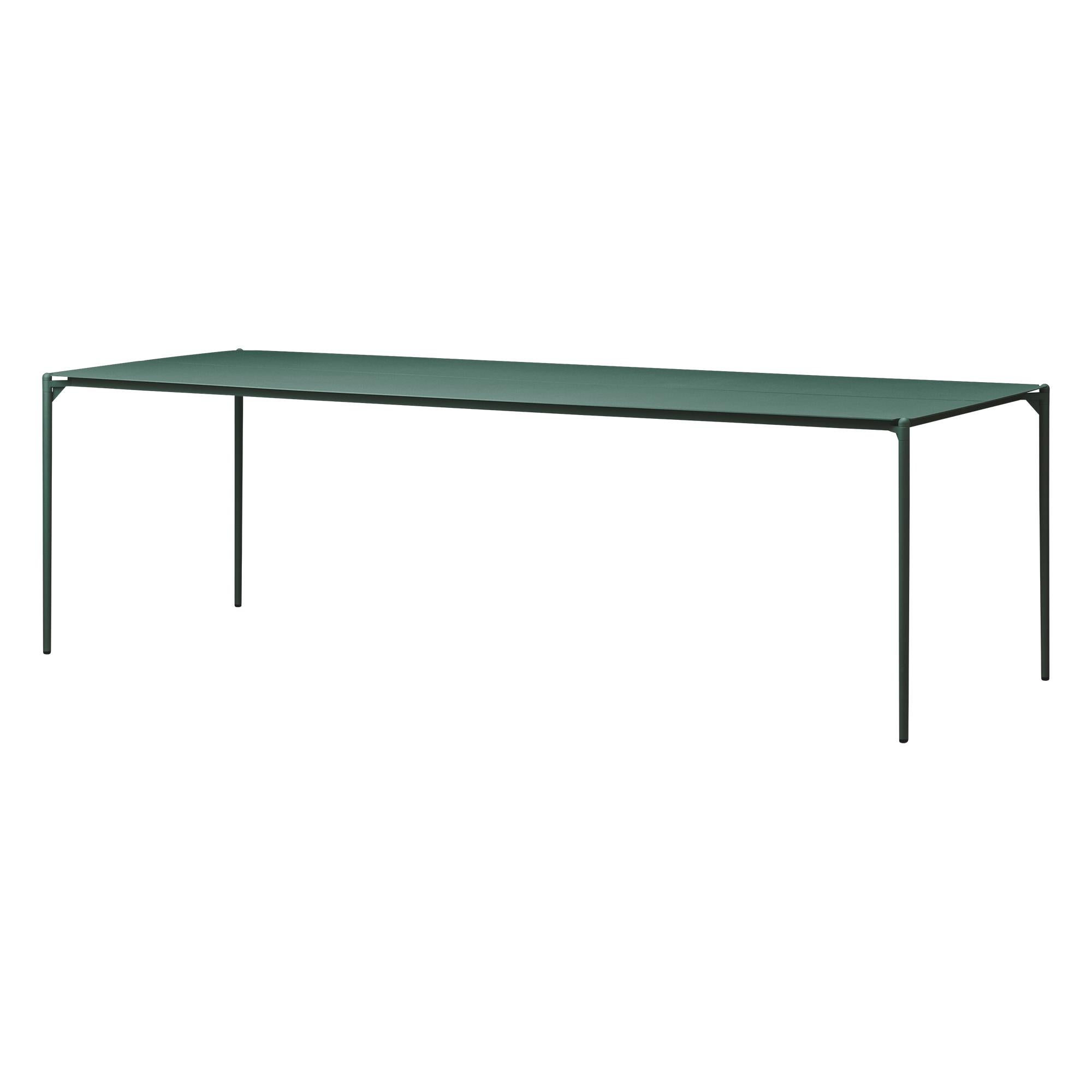 Large Forest Minimalist table
Dimensions: D 240 x W 90 x H 72 cm 
Materials: Steel w. Matte Powder Coating & Aluminum w. Matte Powder Coating.
Available in colors: Taupe, Bordeaux, Forest, Ginger Bread, Black and, Black and Gold.


Bring elegance