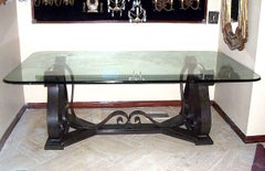 Large Forged Iron Dining Table with Glass Top
