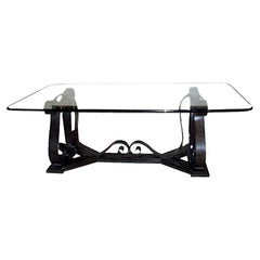 Large Forged Iron Dining Table with Glass Top