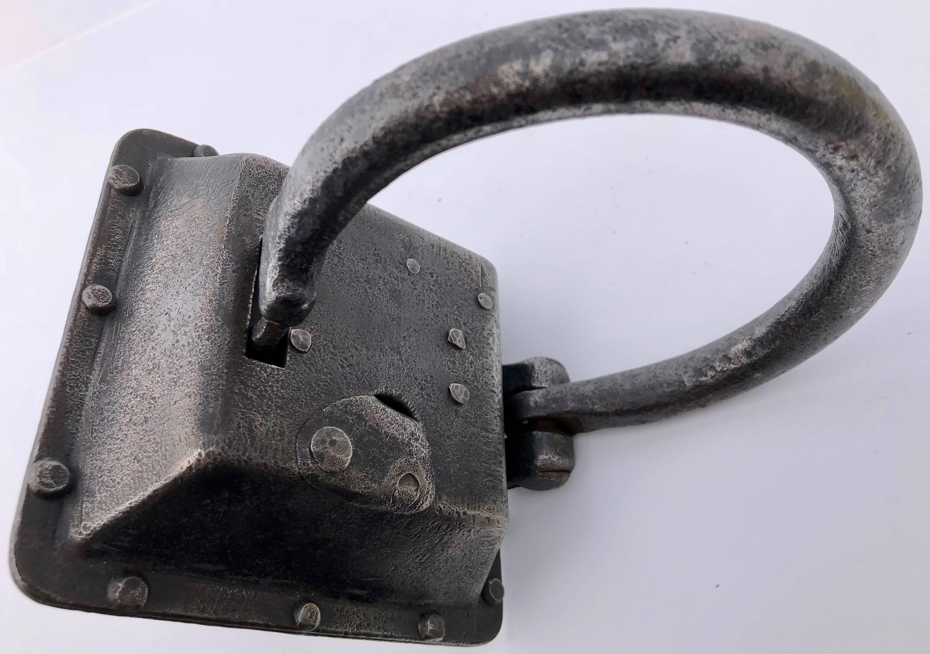 French Large Forged Unusually Shaped Padlock with Covered Keyhole and Key, Early 1800s For Sale