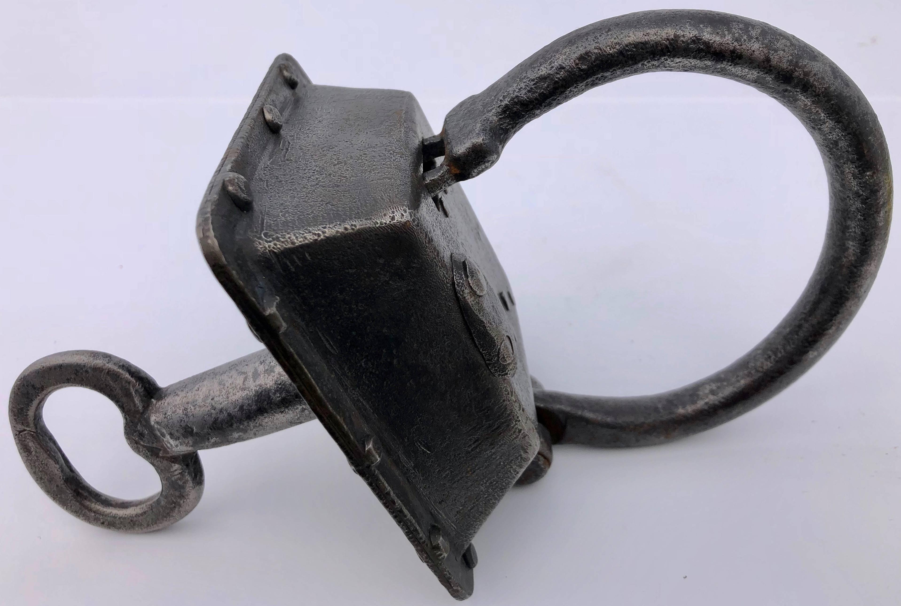 Other Large Forged Unusually Shaped Padlock with Covered Keyhole and Key, Early 1800s For Sale