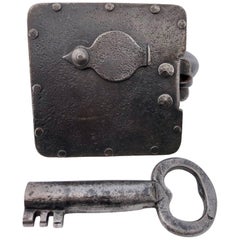 Large Forged Unusually Shaped Padlock with Covered Keyhole and Key, Early 1800s