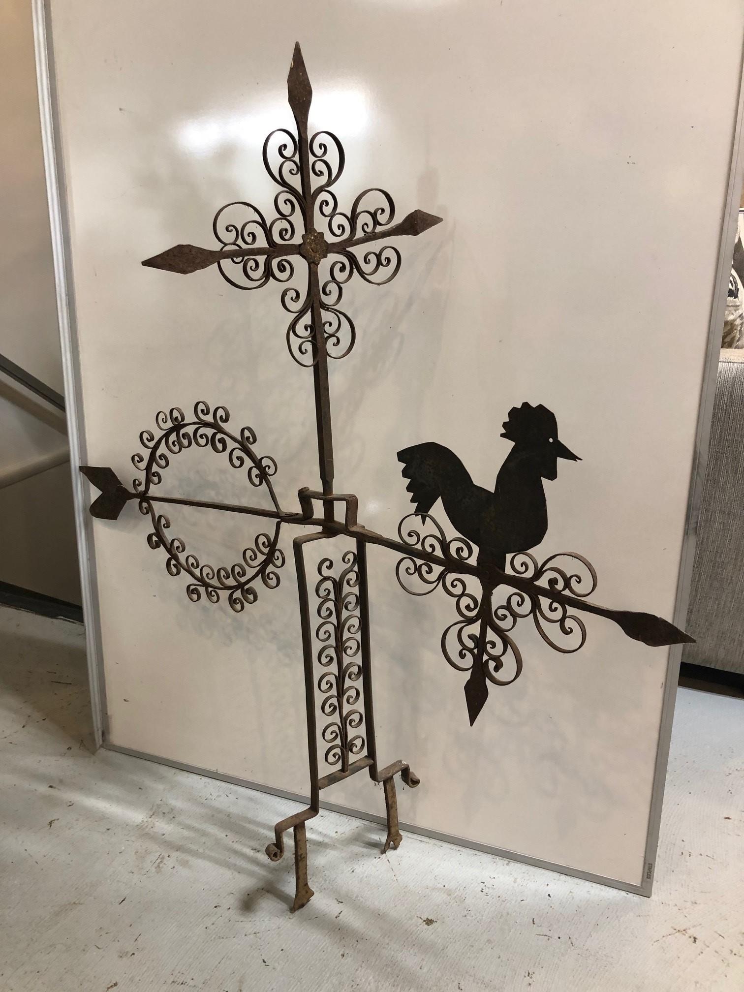 Large Folk Art Wrought Iron Rooster Weathervane In Fair Condition In Stamford, CT