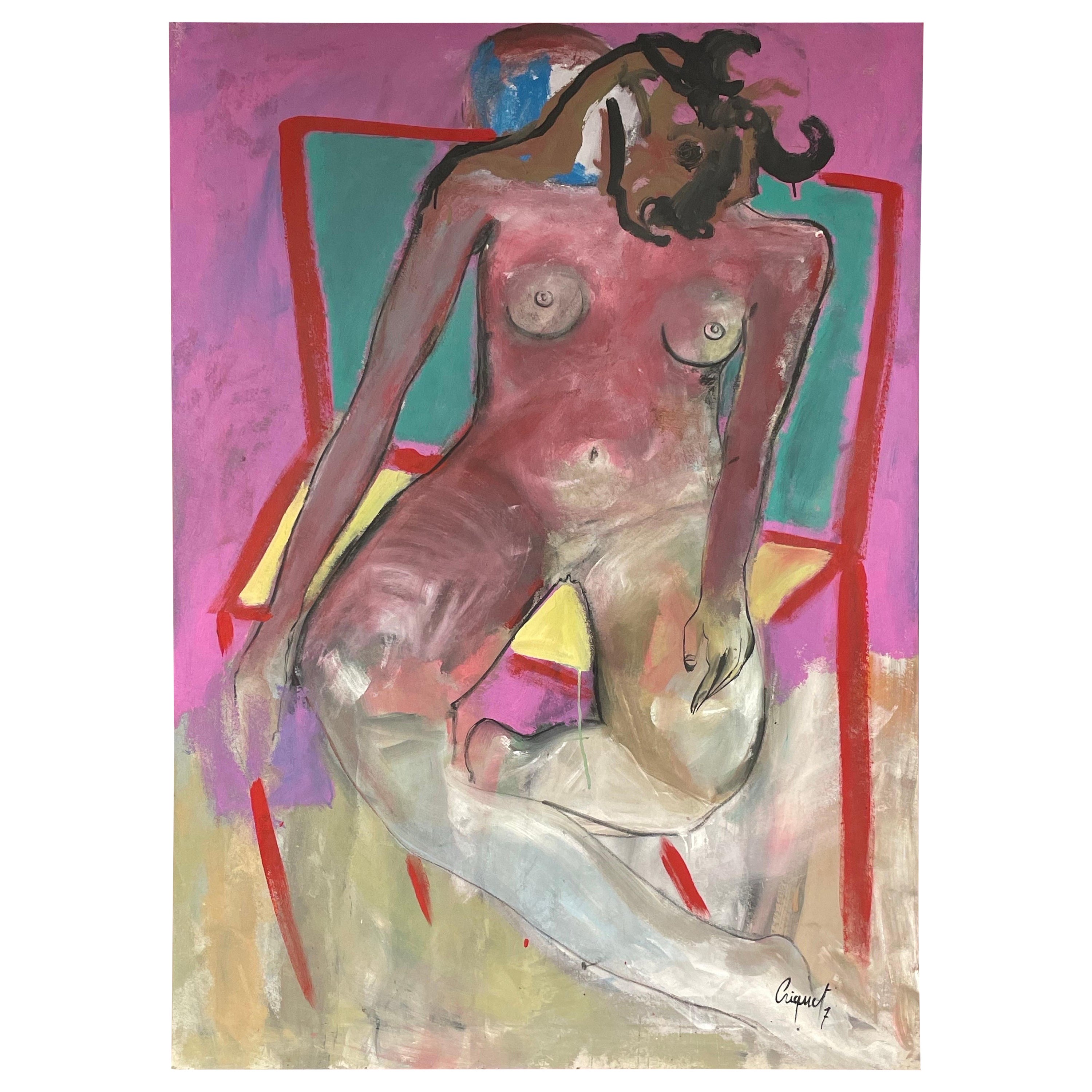 Large format figurative painting "La chaise du taureau" by Francky Criquet For Sale