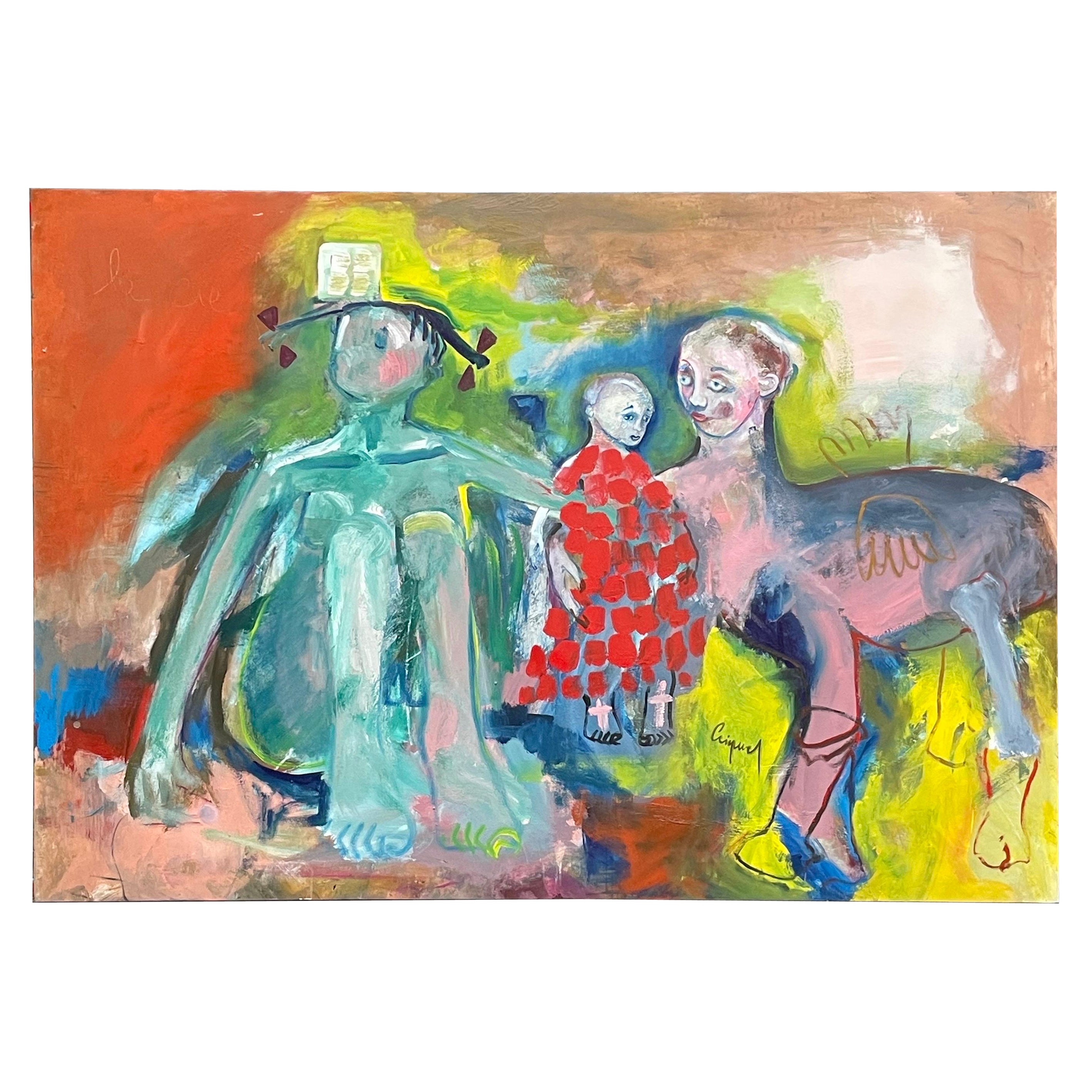 Large format figurative painting "La famille" by Francky Criquet For Sale