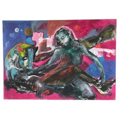 Large format figurative painting "La femme et le minotaur" by Francky Criquet