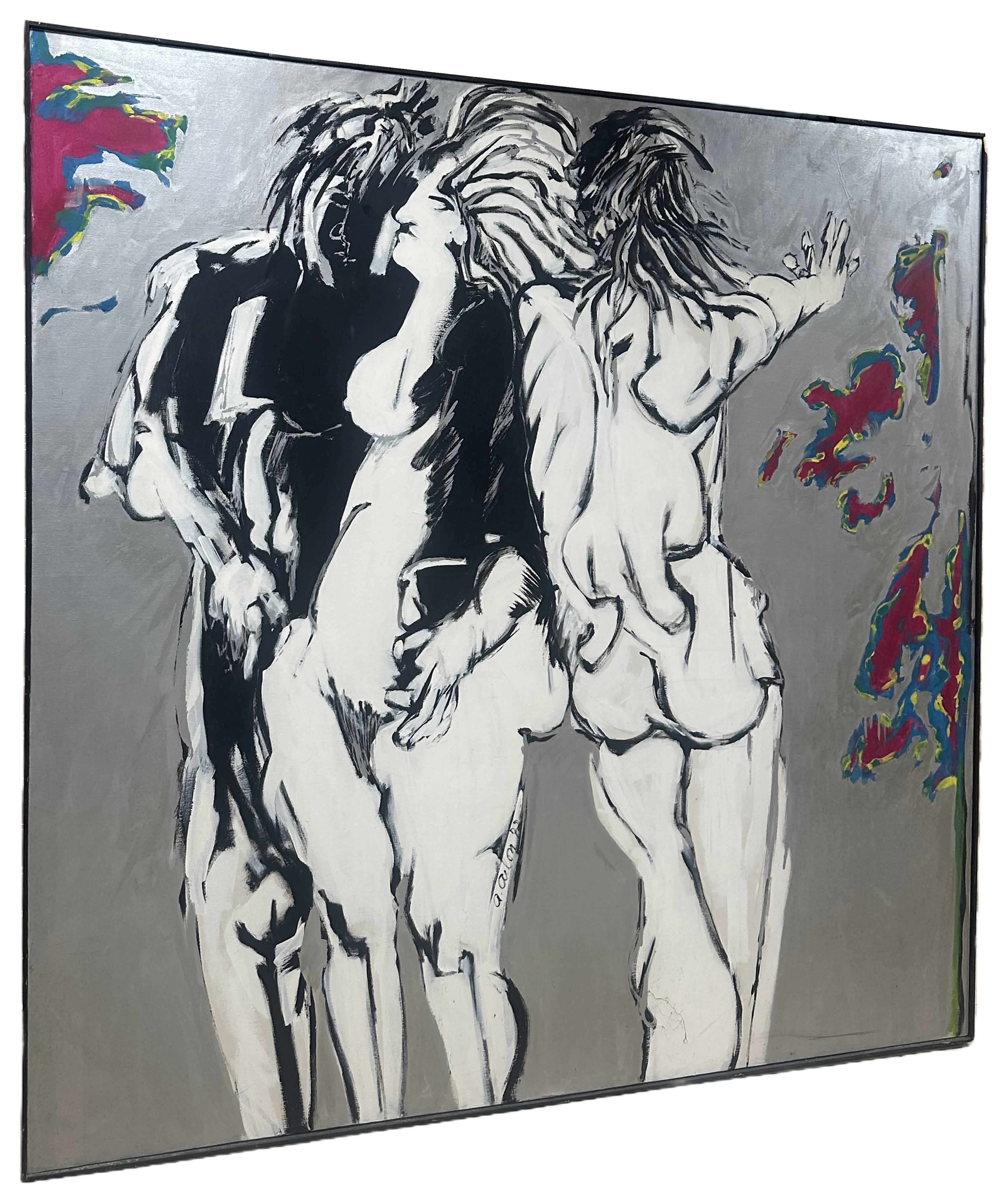 Un dipinto espressionista sorprendente e dinamico. Creato a metà del secolo scorso, intorno agli anni '70. Principalmente in bianco e nero con accenni di colore, soprattutto fuschia, blu e giallo. Tre figure sono presenti e semi-astratte nella