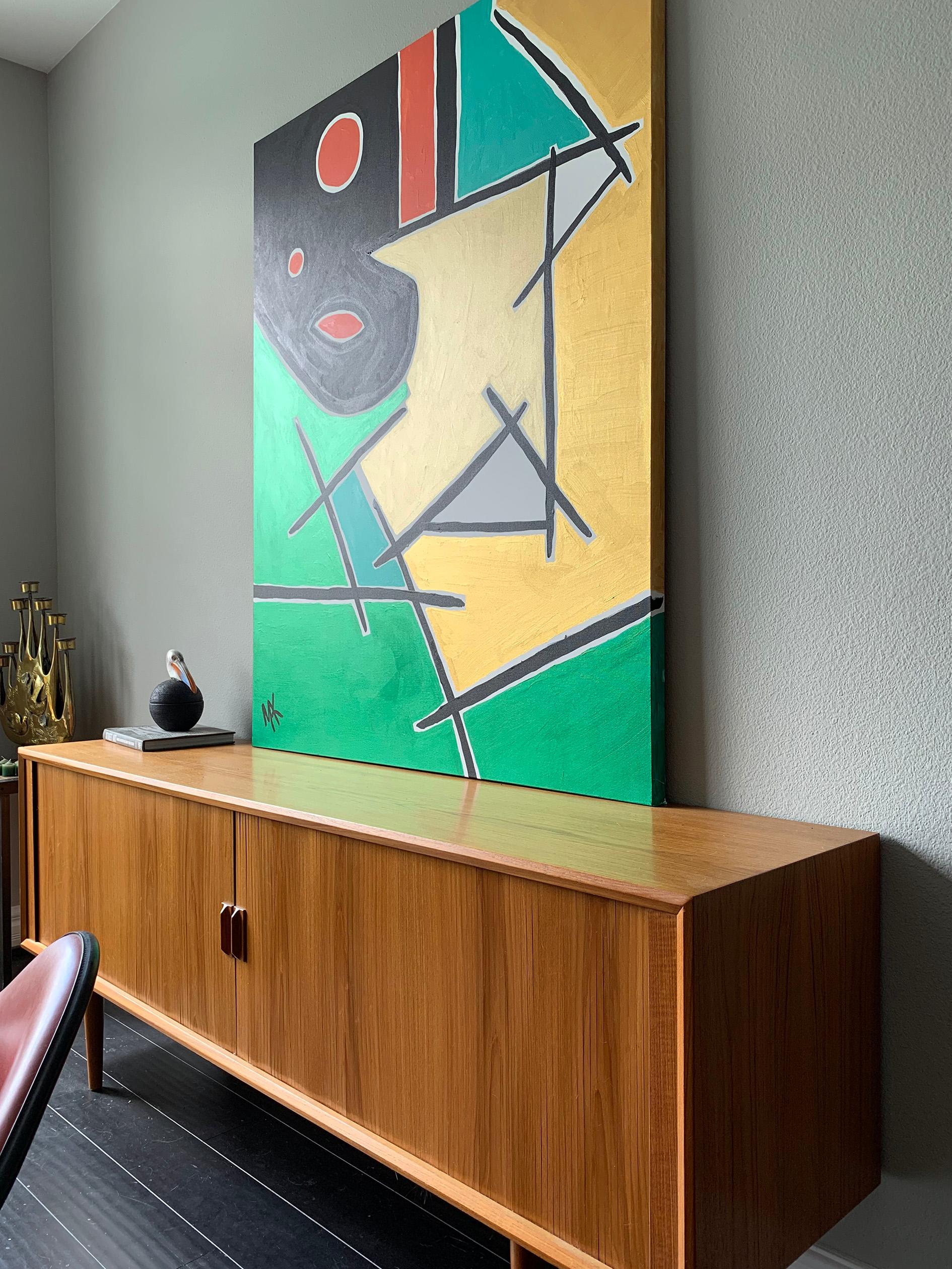 A stunning modern painting by Mak, 2019. The painting features golden hues with green metallic, coral and black. 

Would look great in any modern, Mid-Century Modern, or contemporary environment.
