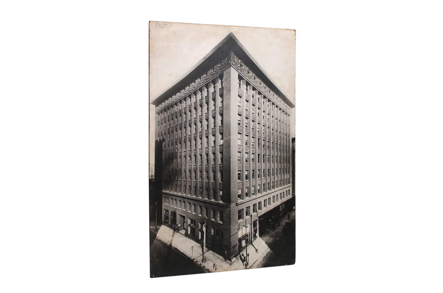 Large format MOMA exhibition photograph on board of the Wainwright building designed by Louis Sullivan in 1890. MOMA label from 11 West 53rd ST on reverse with a number and other details. This photograph was used in a well documented exhibition at