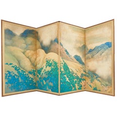 Large Four Fold Japanese Paper Screen with Rolling Hills, 20th Century