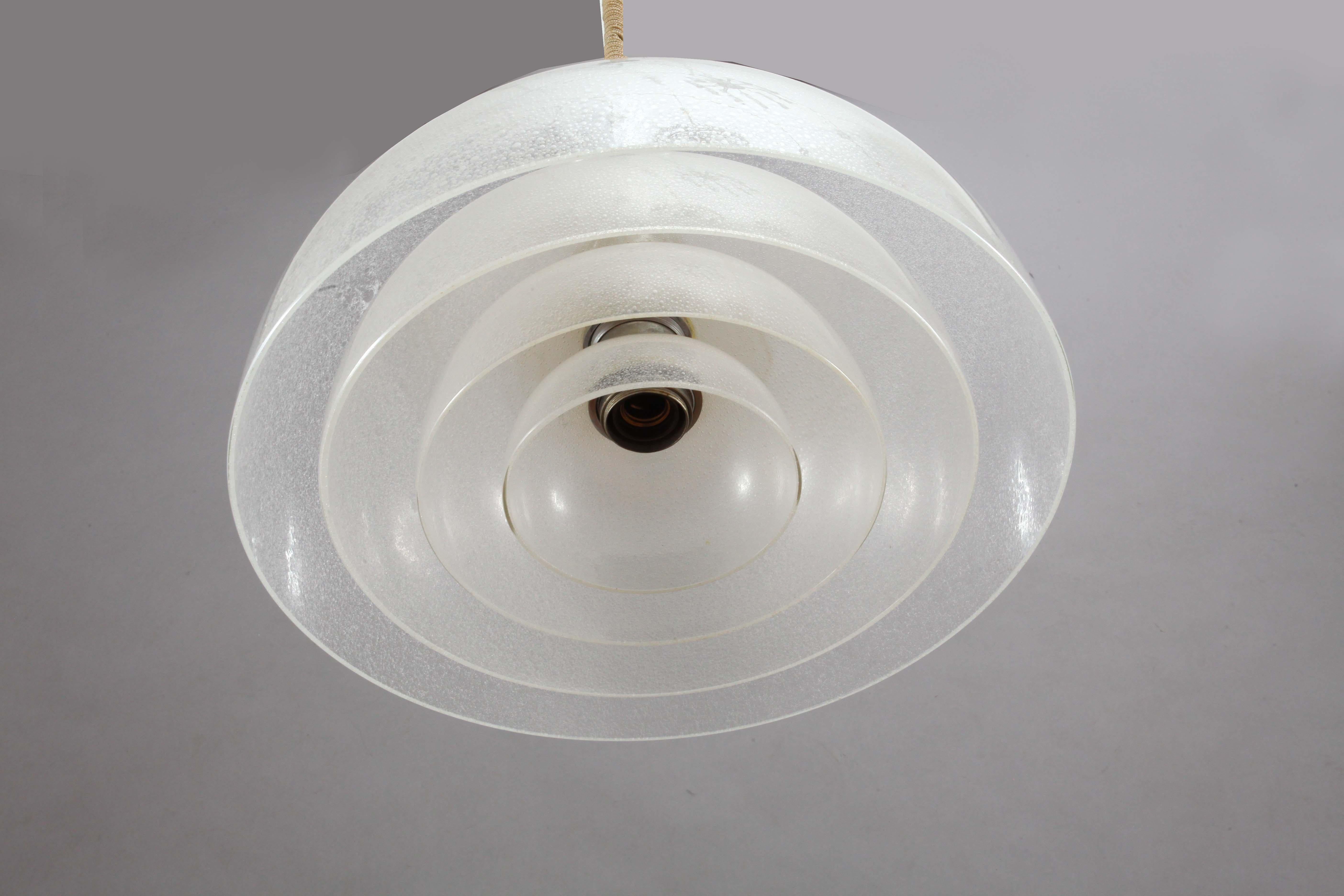 Large pendant lamp composed of four-layer Murano glass domes; all hold by a polished nickel-plated stem and canopy. Designed by Carlo Nason in 1960s. Manufactured by Mazzega, Italy in 1960s. The lamp needs one E27 screw fit bulb.