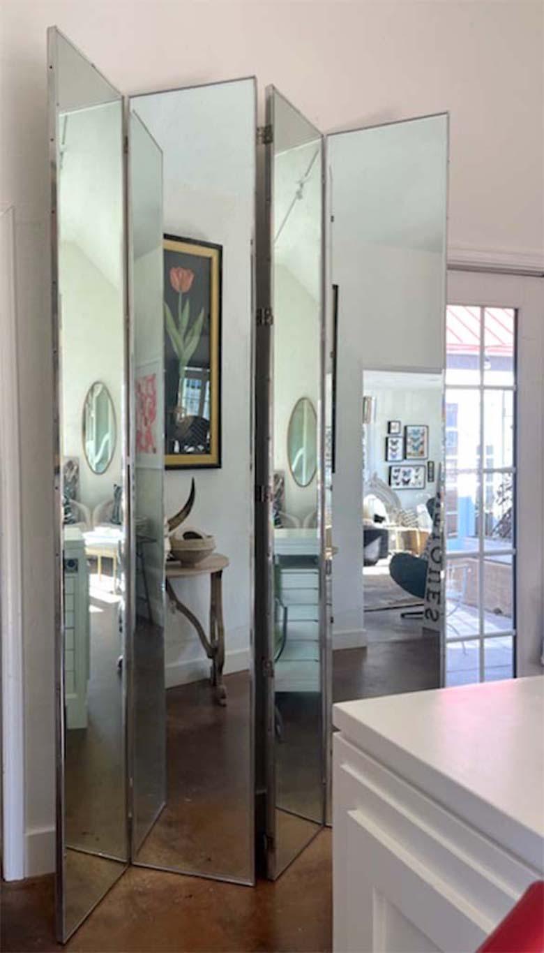 Mid-Century Modern Large Four Panel Mirrored Screen Room Divider