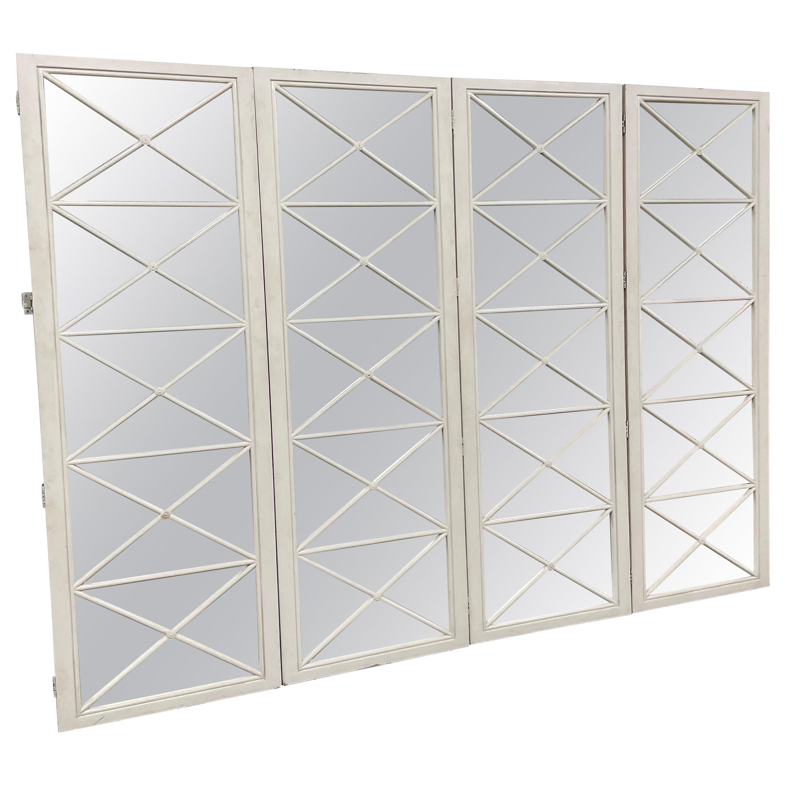 Large Four Panel Neoclassical Mirrored Lattice Screen For Sale