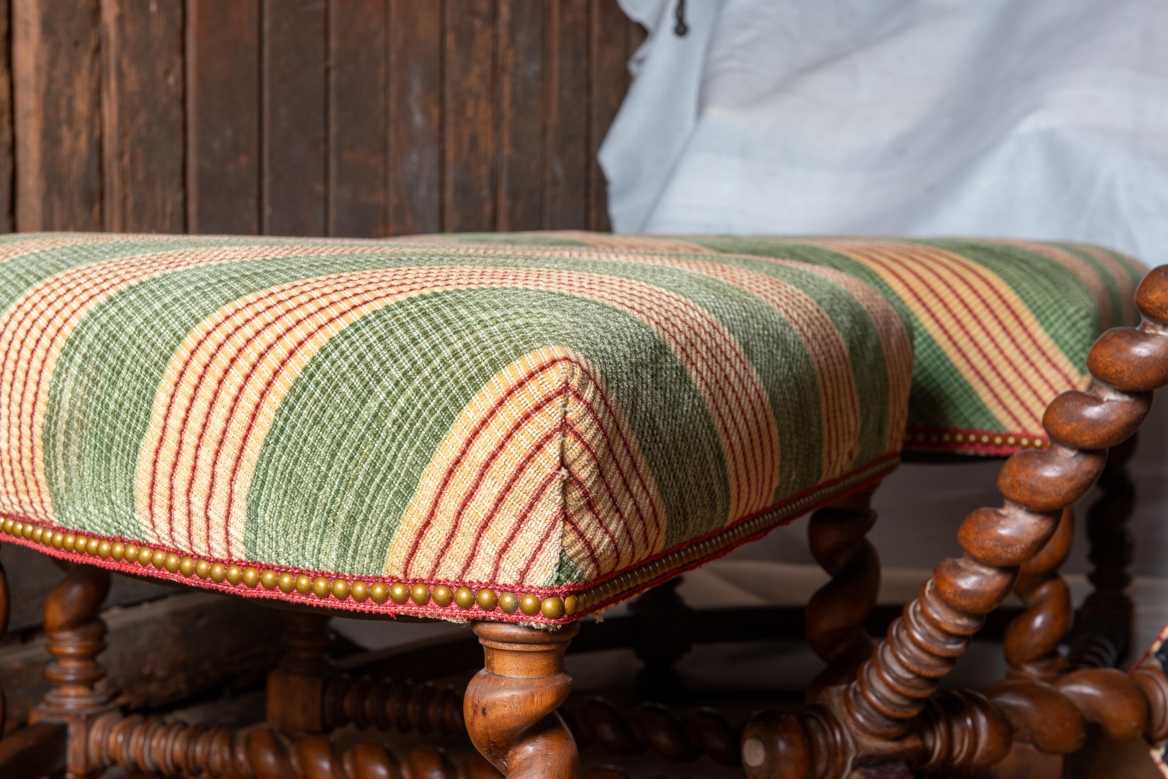 Large Four Piece Round Upholstered Ottoman with Barley Twist Wood Legs For Sale 5