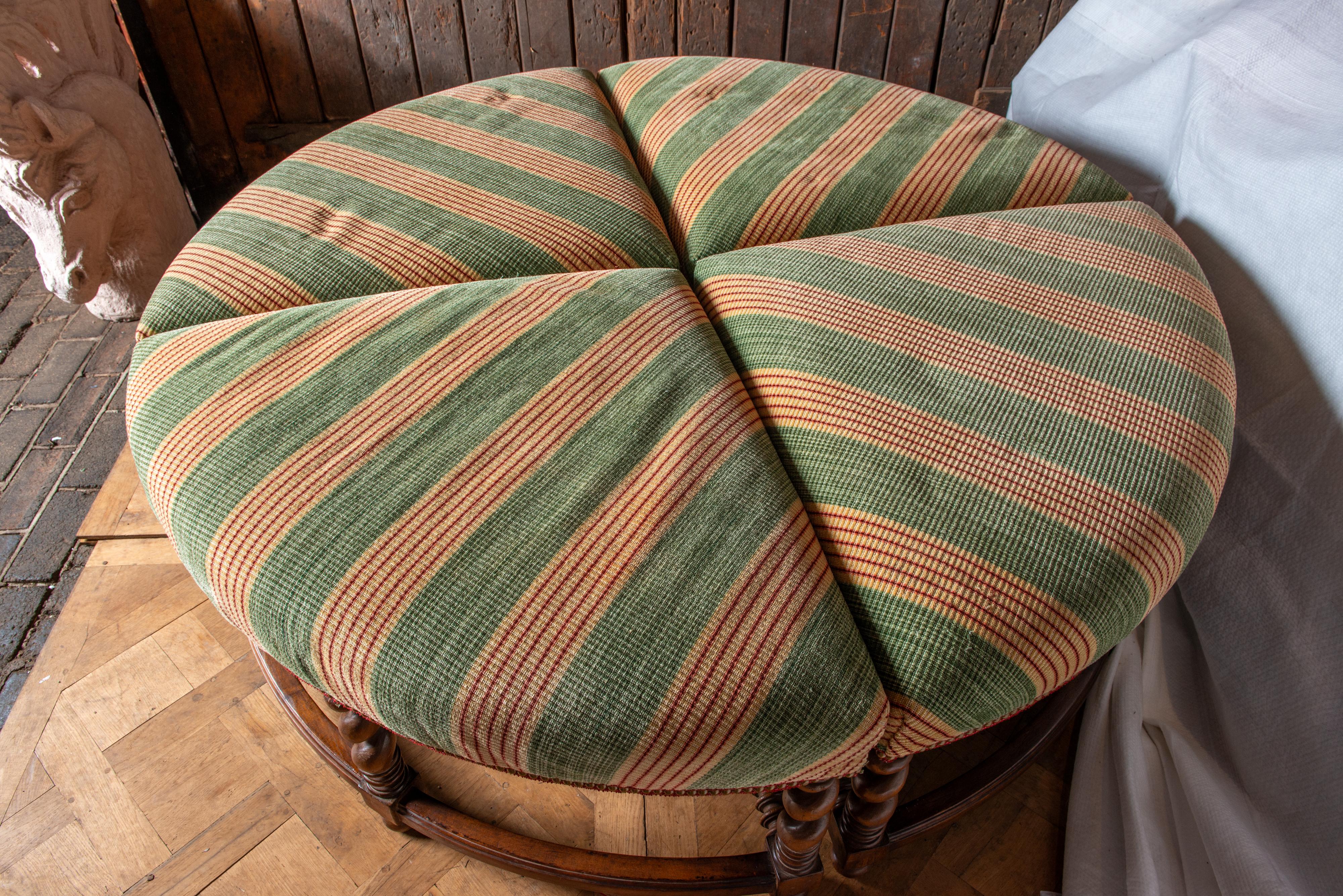 English Large Four Piece Round Upholstered Ottoman with Barley Twist Wood Legs