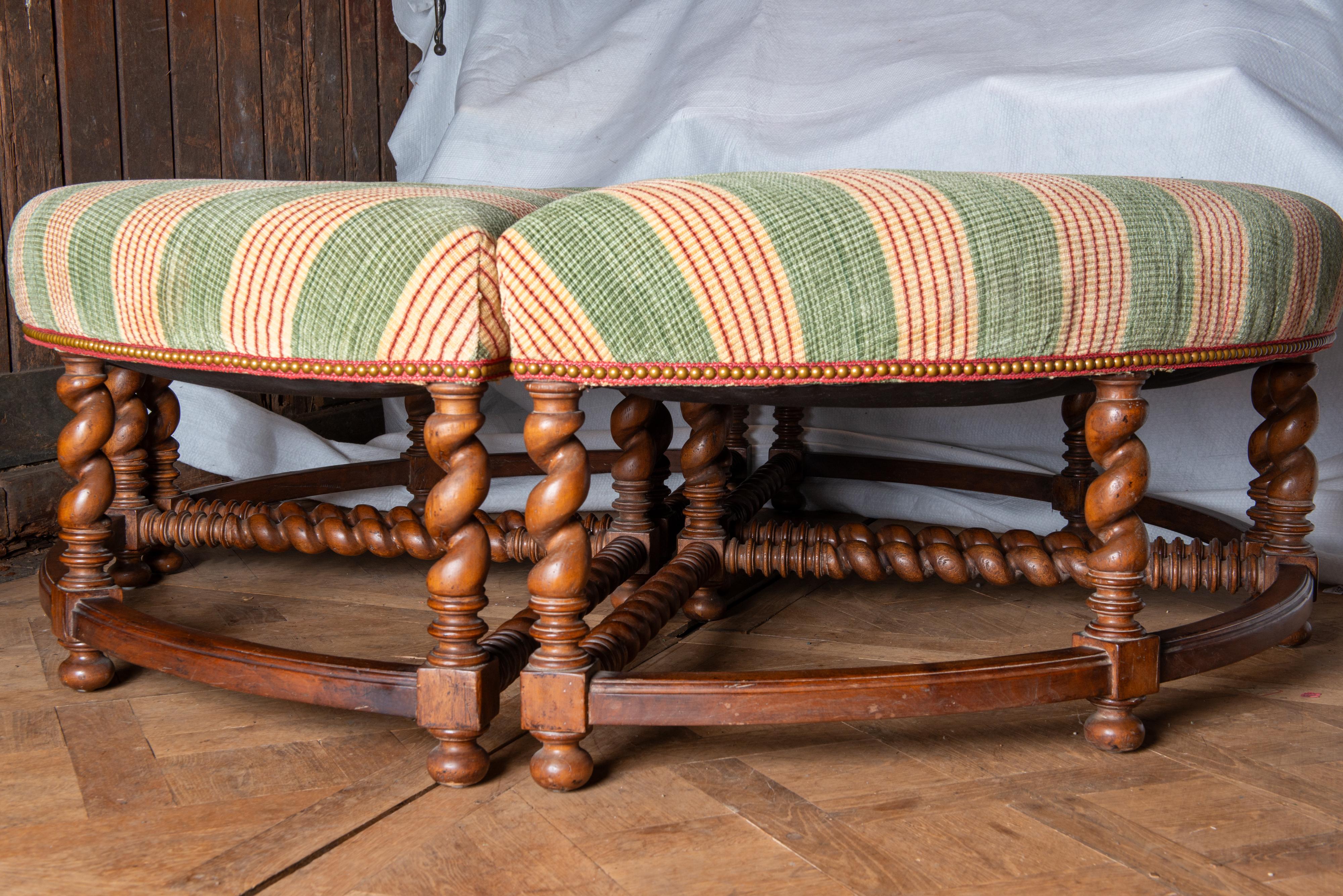Mid-20th Century Large Four Piece Round Upholstered Ottoman with Barley Twist Wood Legs For Sale