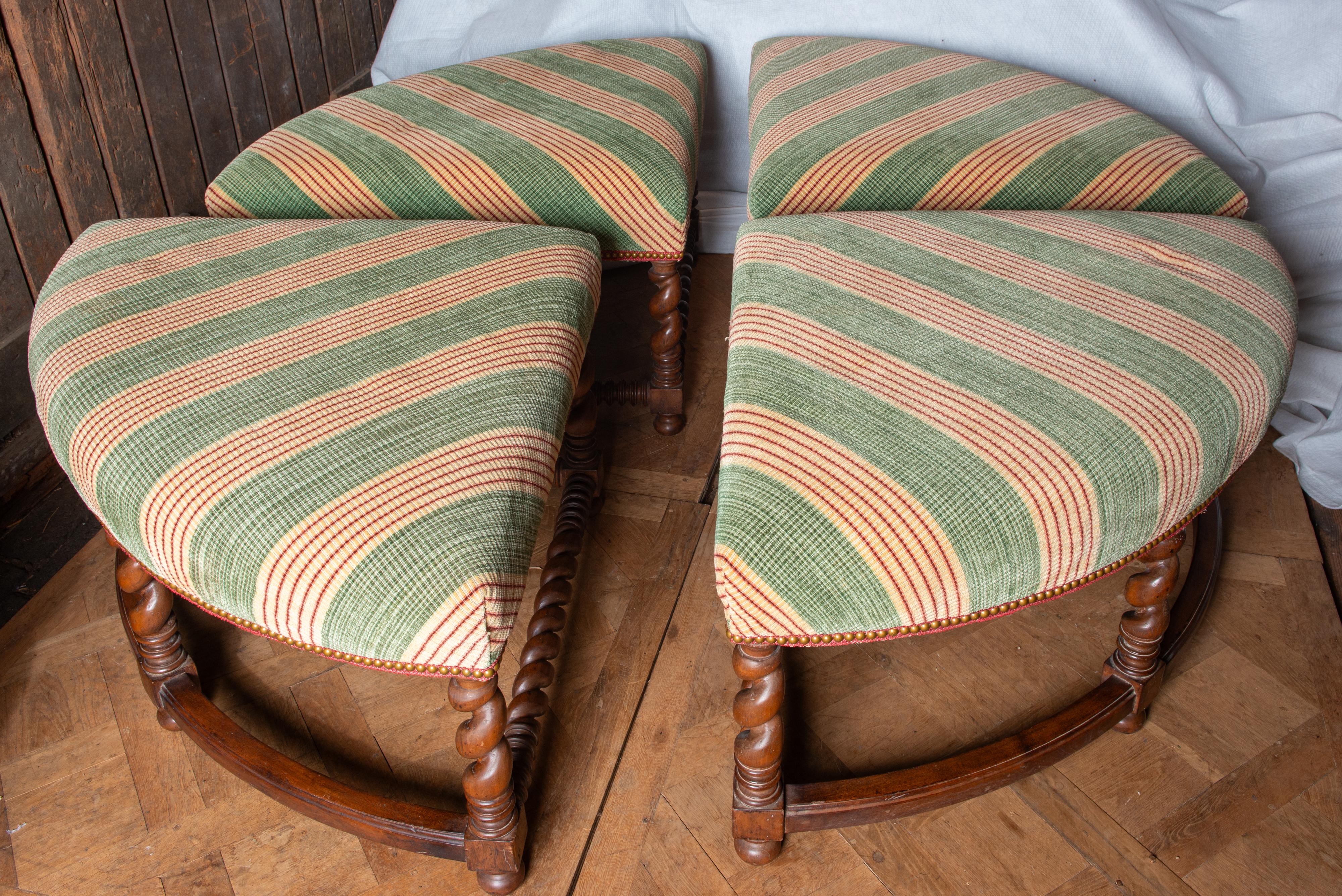 Fabric Large Four Piece Round Upholstered Ottoman with Barley Twist Wood Legs