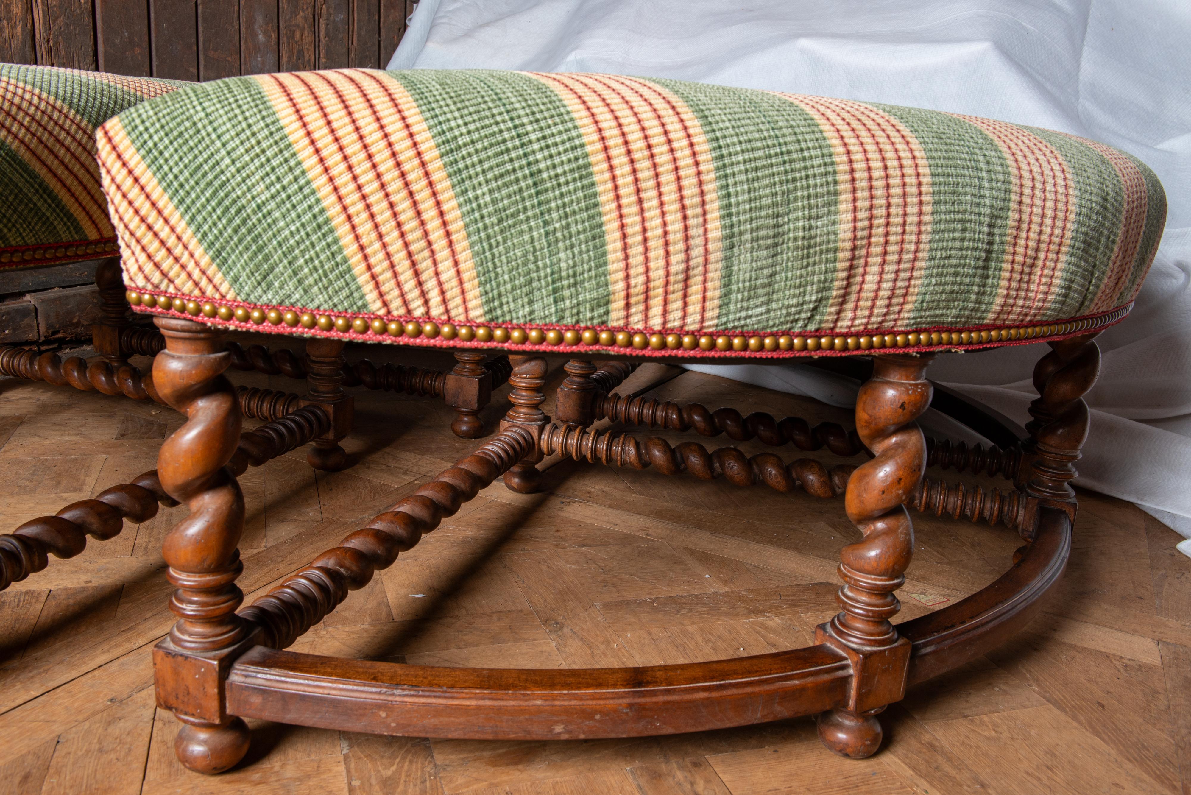 Large Four Piece Round Upholstered Ottoman with Barley Twist Wood Legs 1