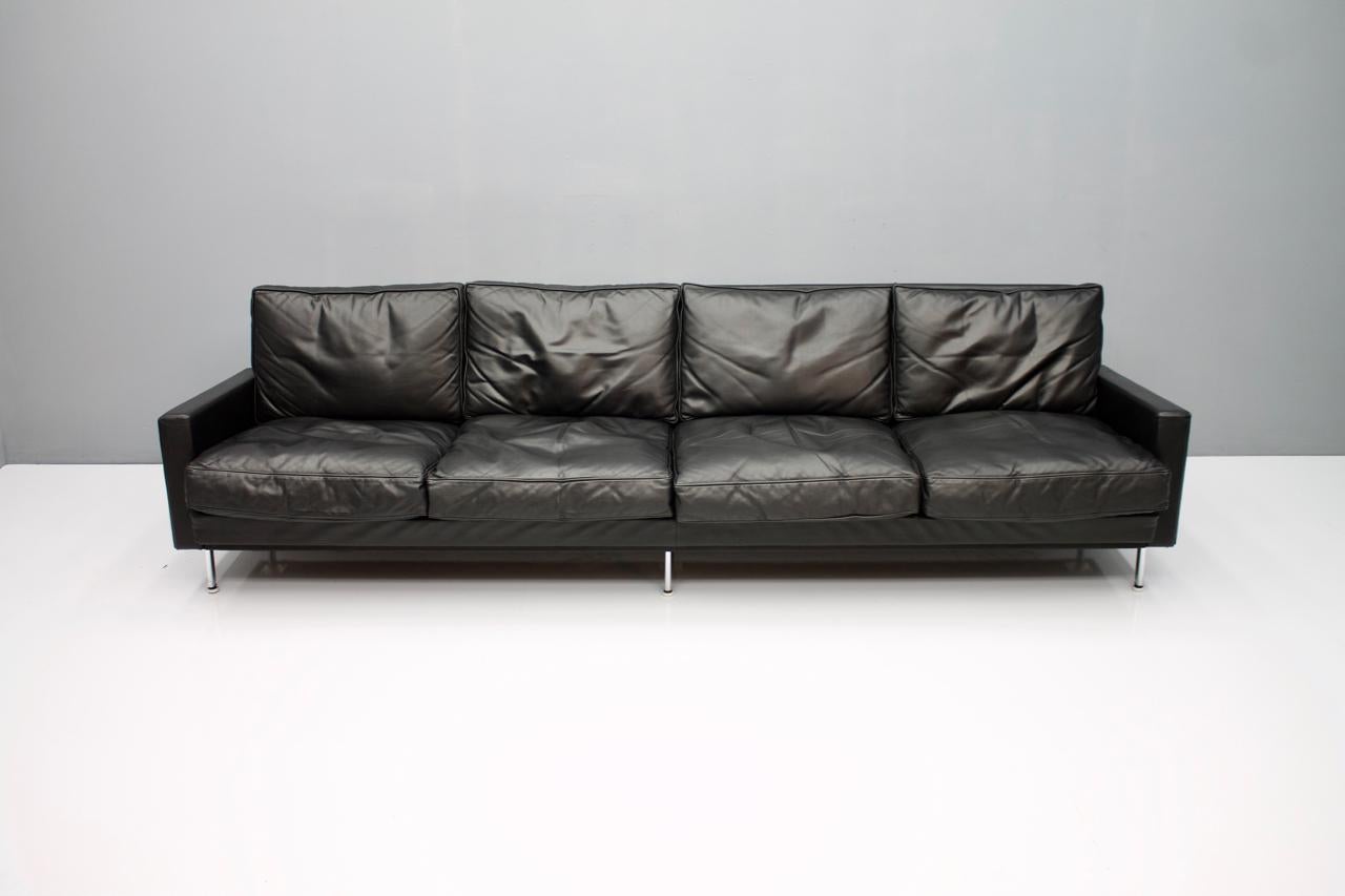 Mid-Century Modern Large George Nelson 'Loose Cushion' Four-Seat Sofa in Black Leather