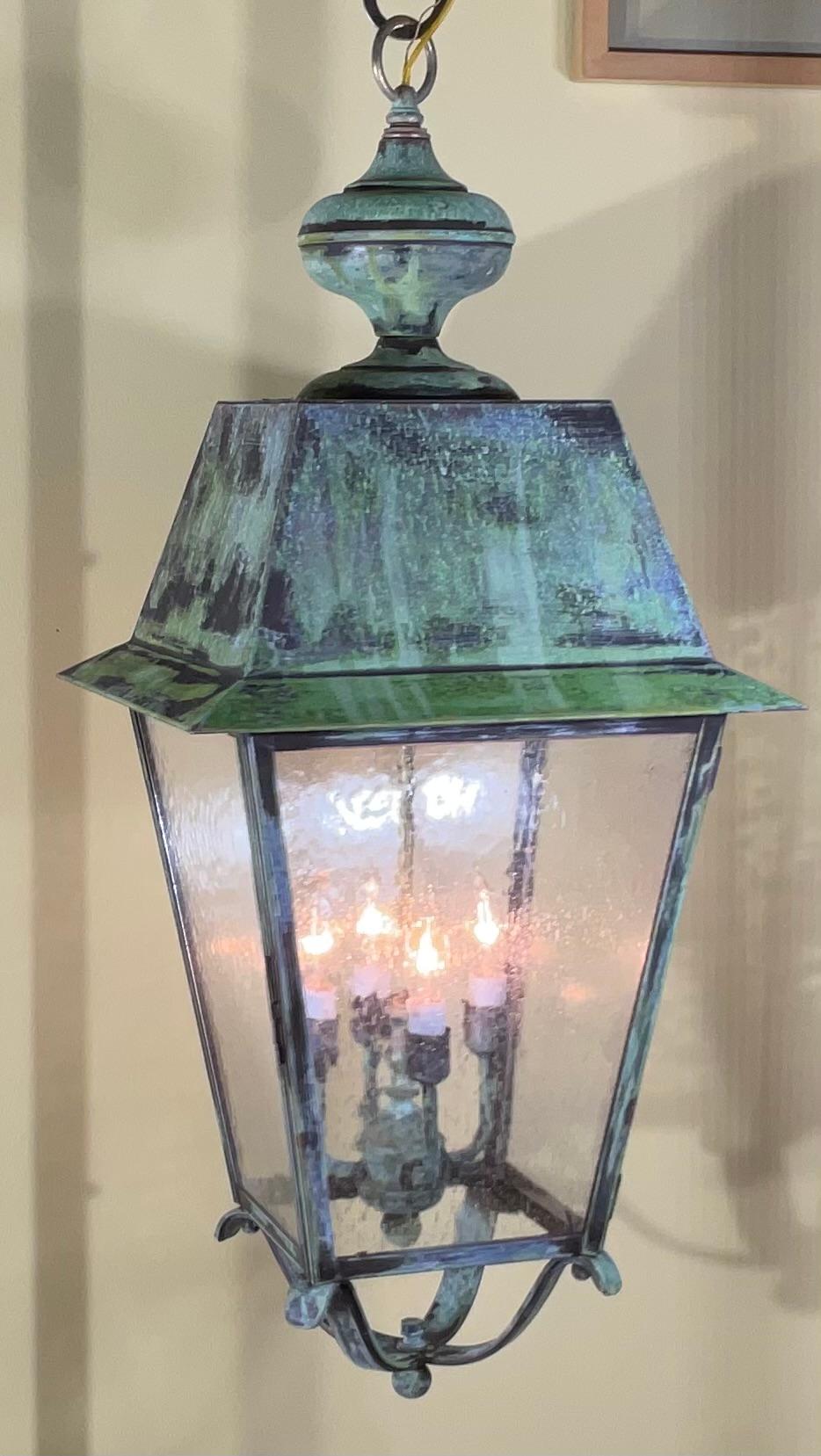 Large Four Sides Brass Hanging Lantern 32” x 14” x 14” For Sale 6