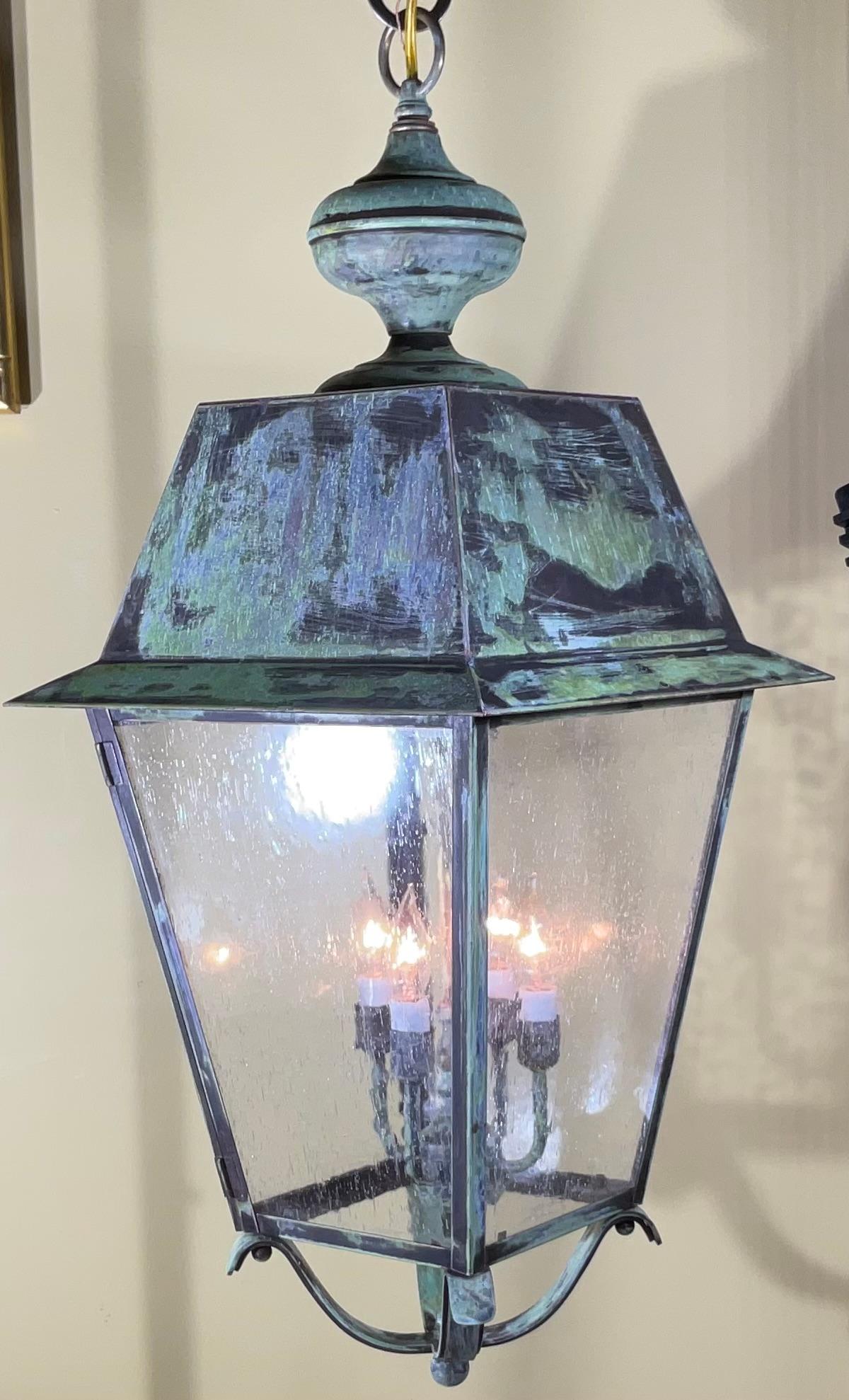 American Large Four Sides Brass Hanging Lantern 32” x 14” x 14” For Sale