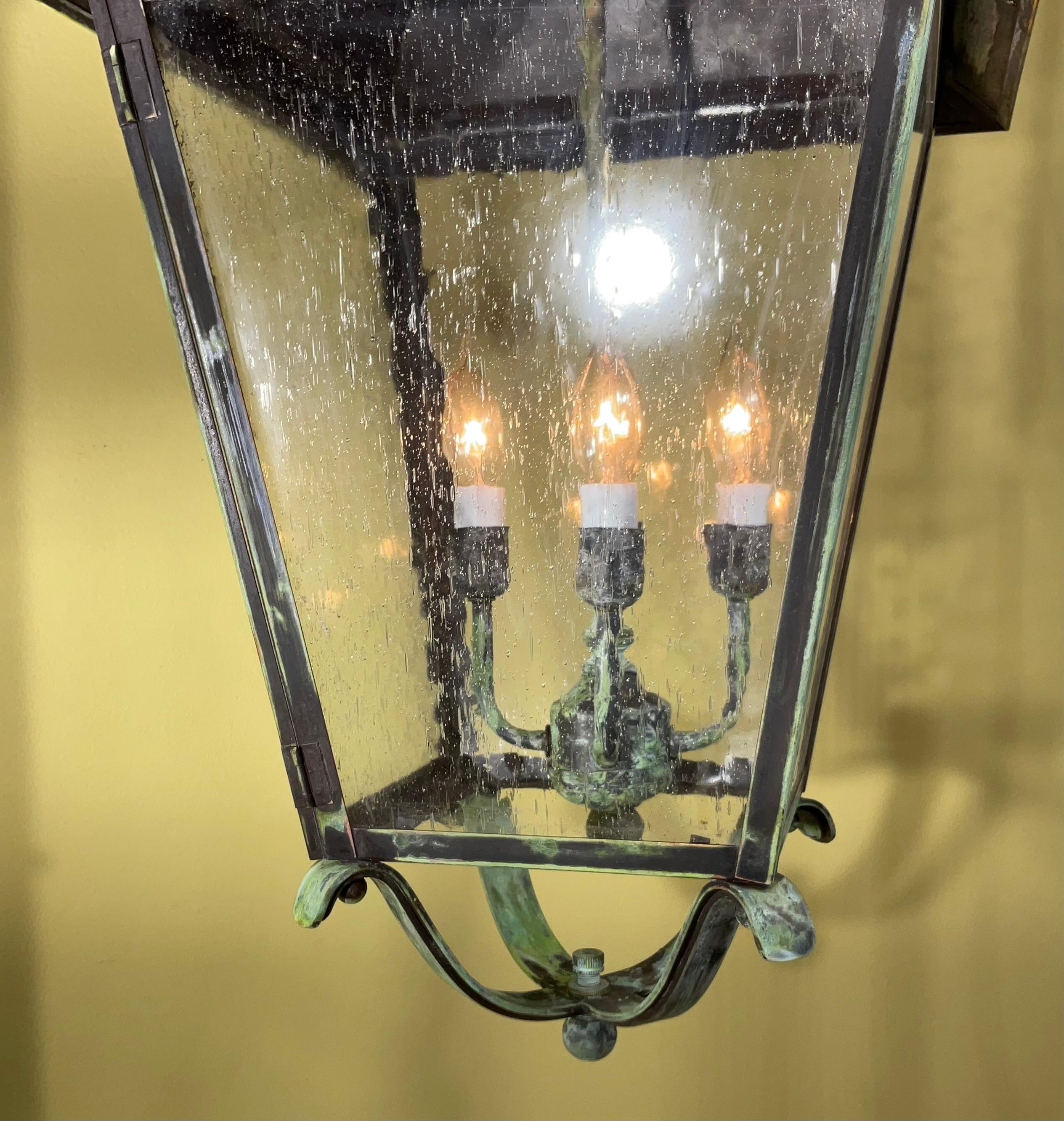 Hand-Crafted Large Four Sides Brass Hanging Lantern 32” x 14” x 14” For Sale