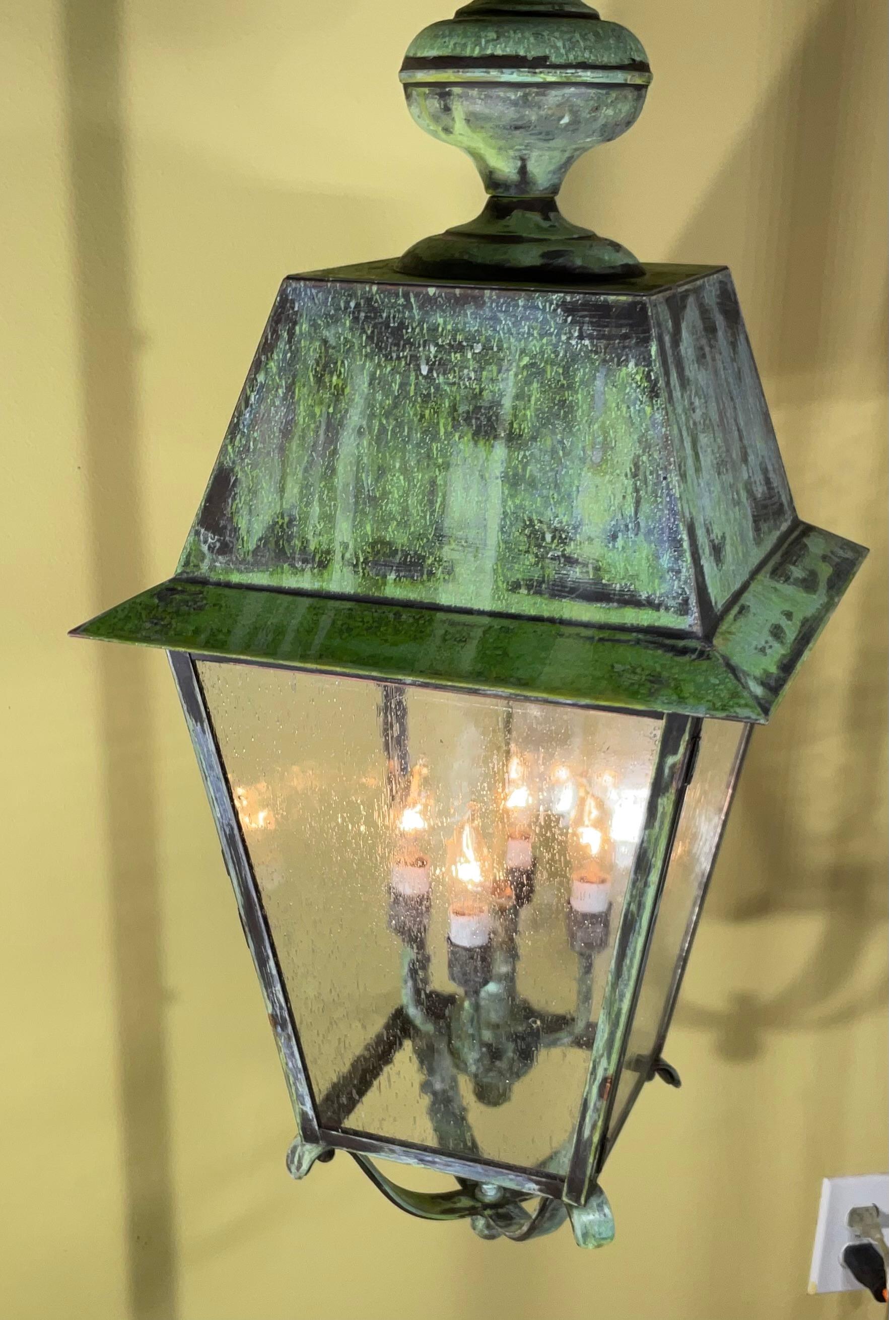 Large Four Sides Brass Hanging Lantern 32” x 14” x 14” In Good Condition For Sale In Delray Beach, FL