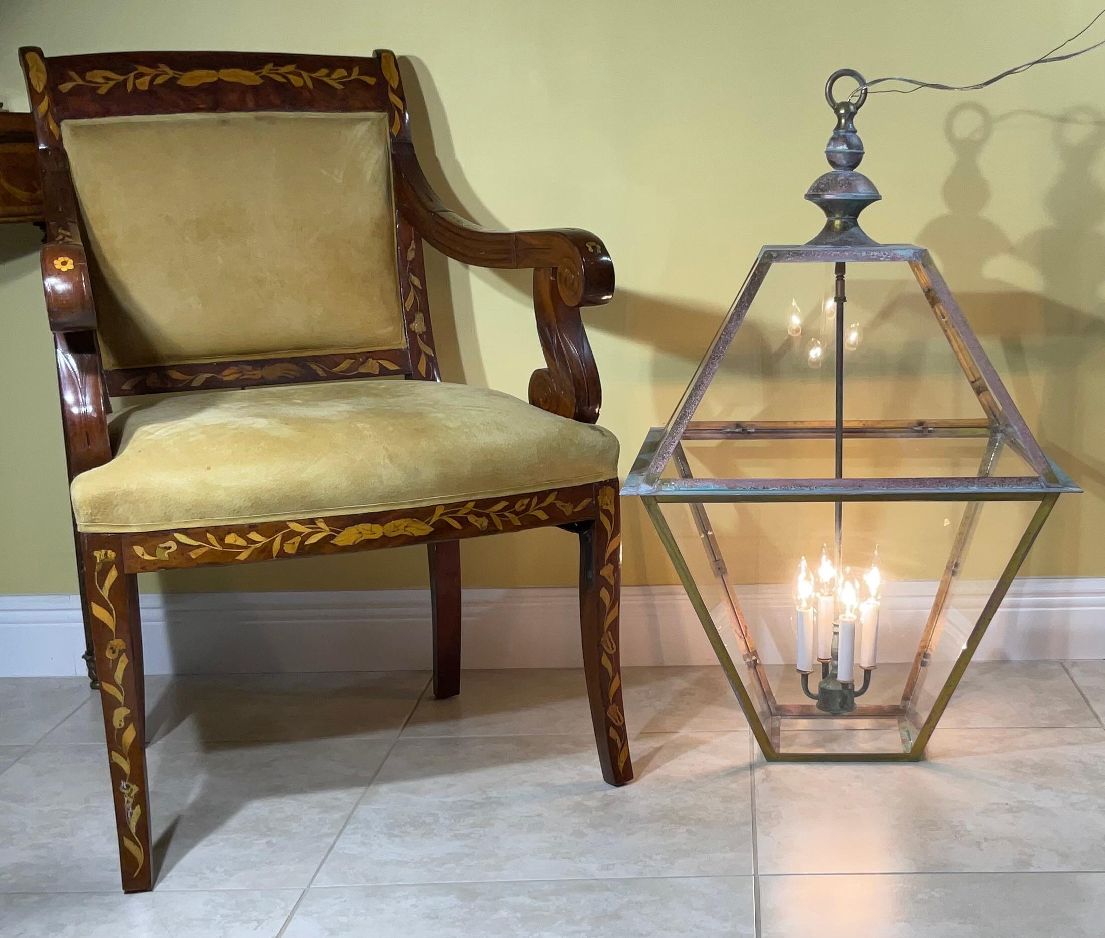 Elegant large hanging lantern made of handcrafted brass, Measures: 22” x 22” x 36”
With four 60/watt lights, suitable for hanging in wet location, Ready to use.
Matching canopy included.
Because the large size of the lantern, Shipping will be in
