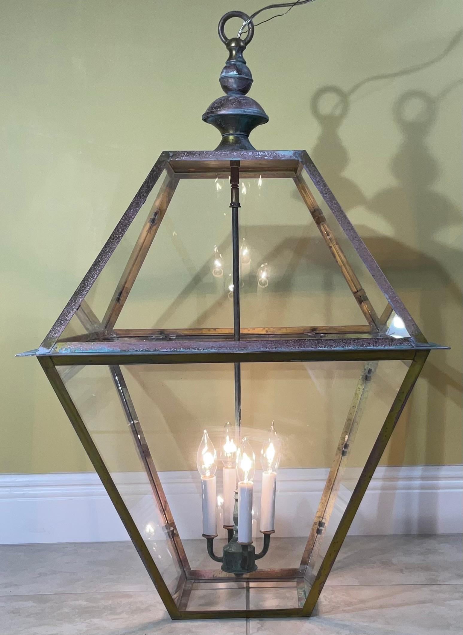 Large Four Sides Brass Hanging Lantern In Good Condition In Delray Beach, FL