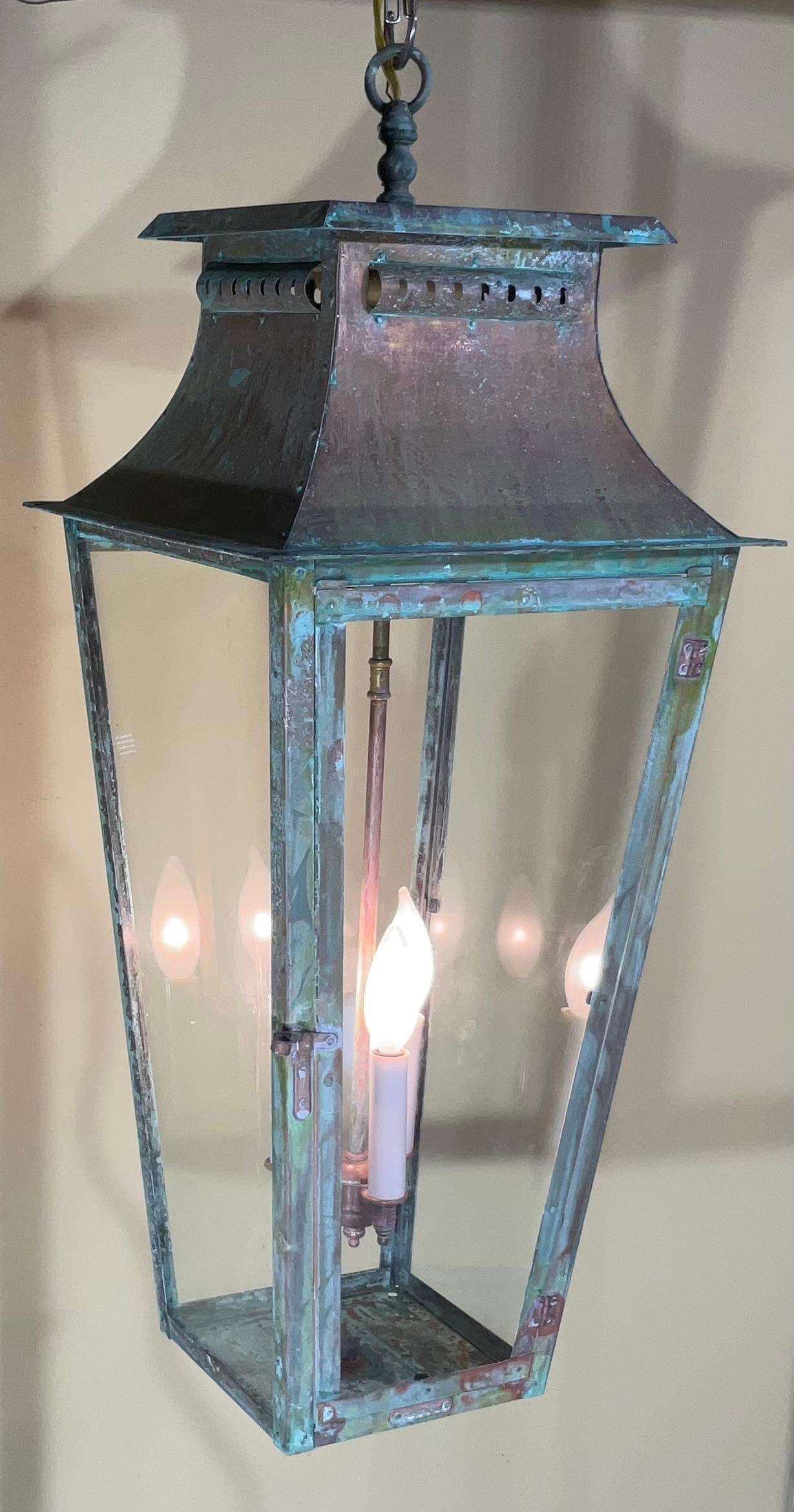 American Large Four Sides Hanging Copper Lantern For Sale