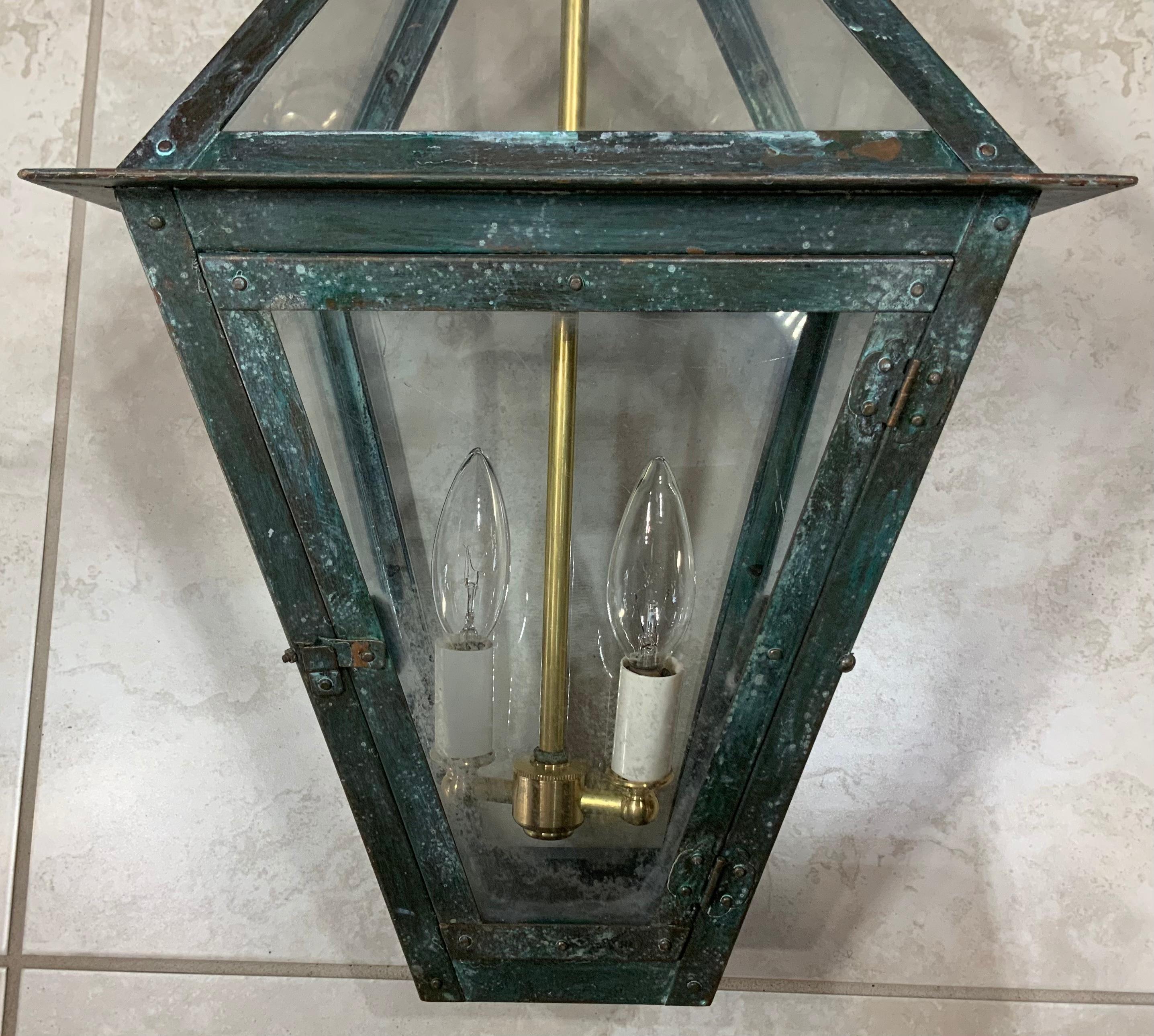Large Four-Sides Hanging Copper Lantern In Good Condition For Sale In Delray Beach, FL