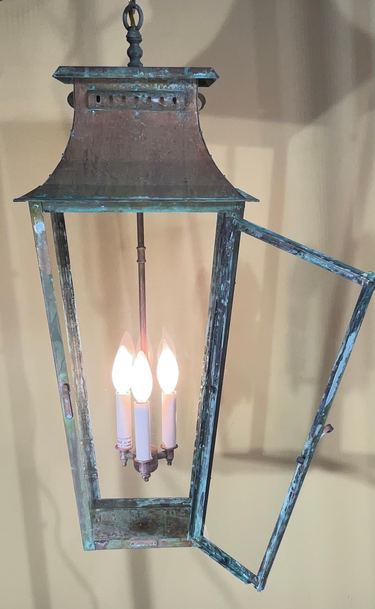 Hand-Crafted Large Four Sides Hanging Copper Lantern For Sale