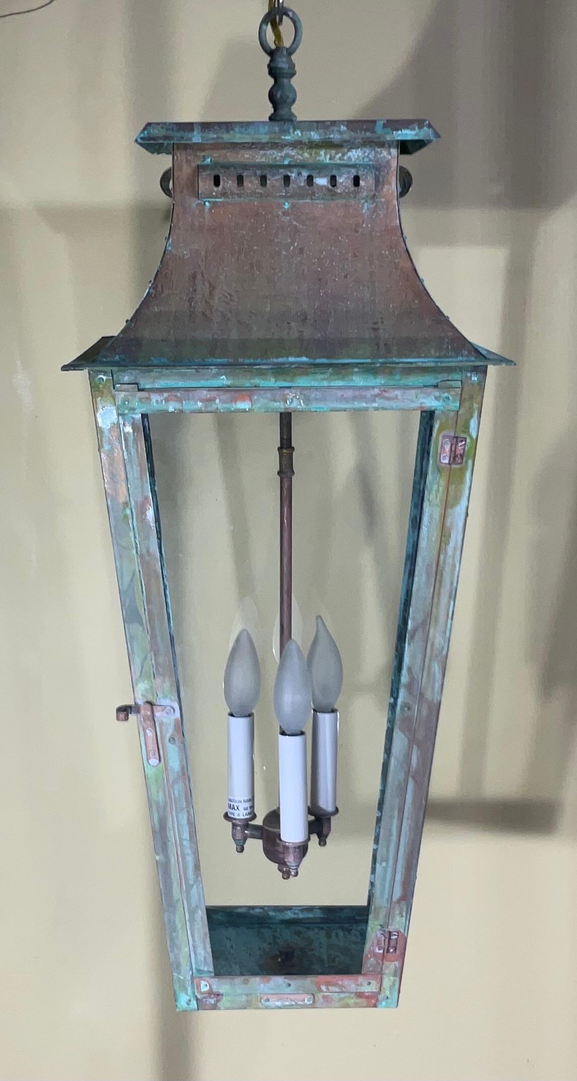 Large Four Sides Hanging Copper Lantern In Good Condition For Sale In Delray Beach, FL