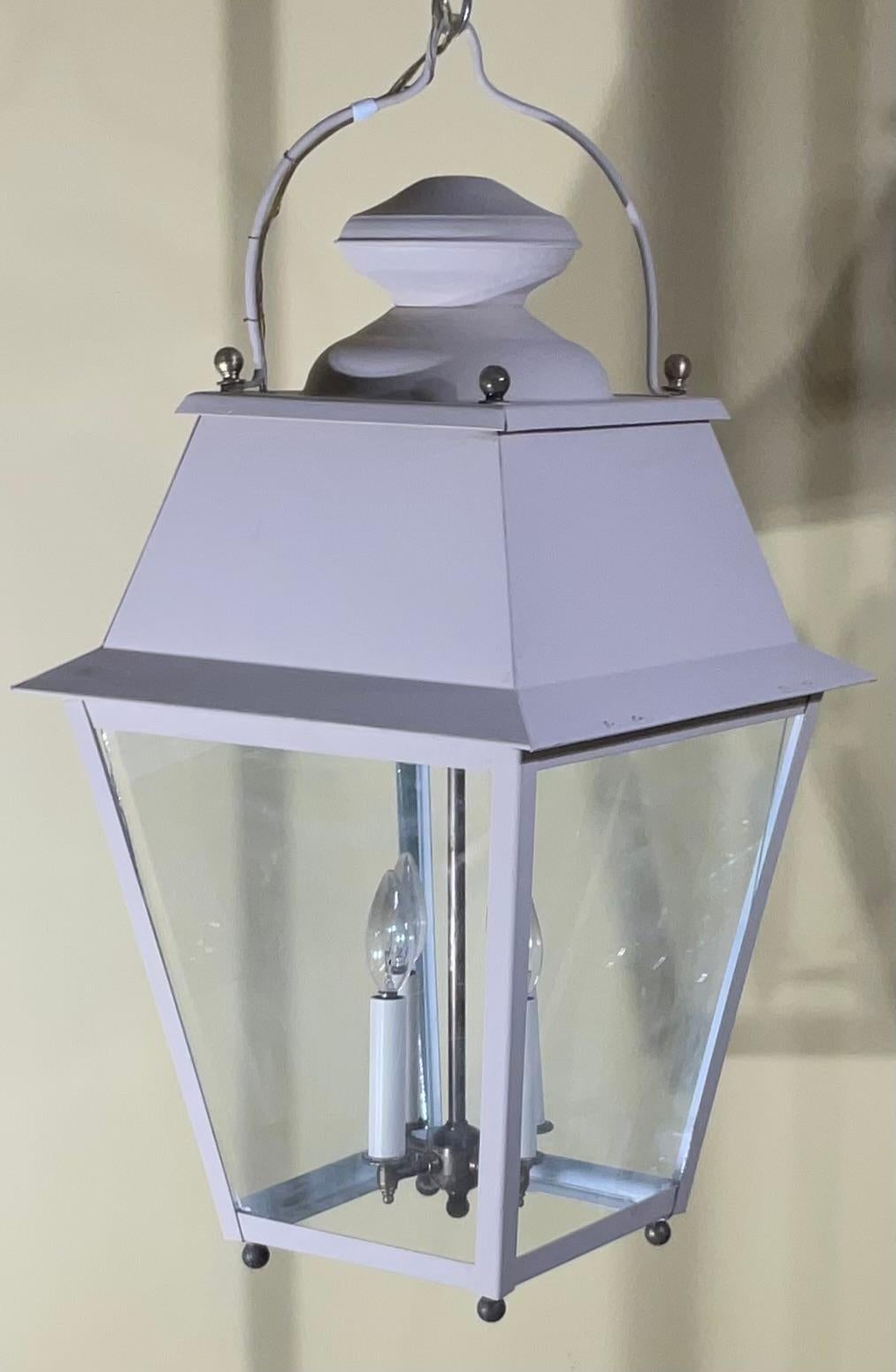 Large Four Sides Solid Brass Hanging Lantern 30” X 15” X 15” In Good Condition For Sale In Delray Beach, FL