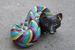 Large Fox Sculpture in Decorative Florentine Ceramics Black Pure Gold Italy 1980