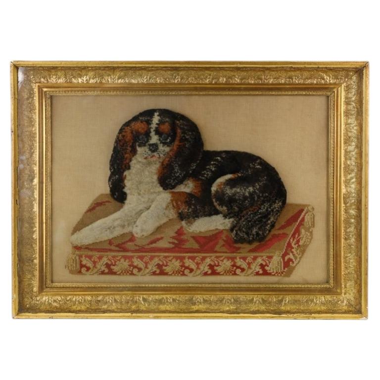 Large Framed 19th Century Folk Art Woolwork of a King Charles Spaniel